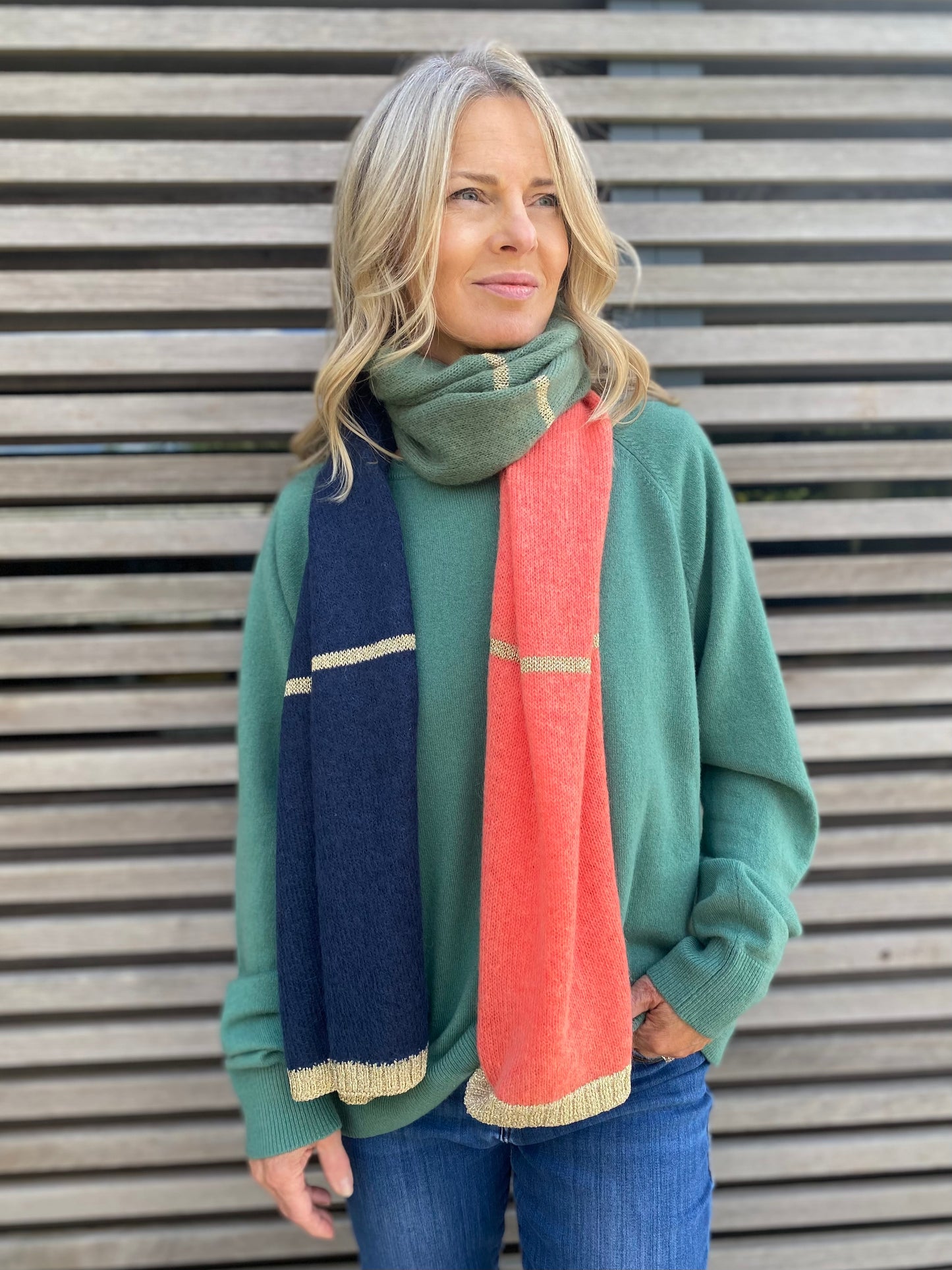 Olivier Colour Block Scarf with Gold Lurex Trim in Orange Green and Navy