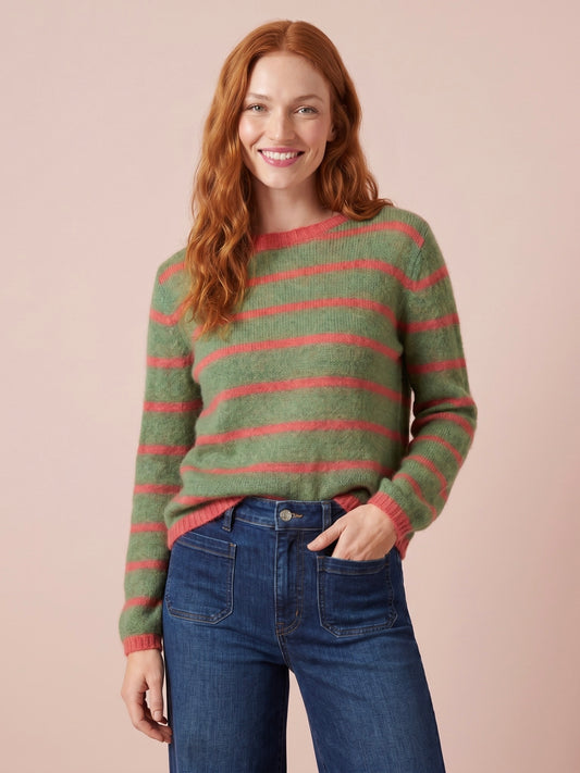 Emma Colourful Striped Mohair & Merino Knit Jumper in olive green with cerise pink stripes featuring a crew neck long sleeves and relaxed everyday fit