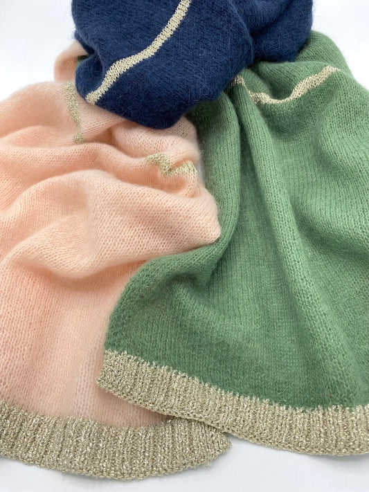 Olivier Colour Block Scarf with Champagne Lurex Trim in Blush Navy and Green