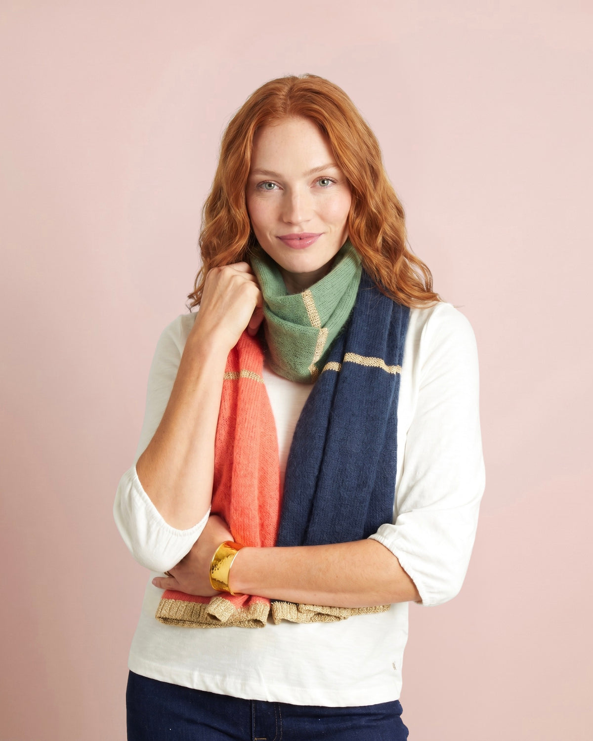 Colour-block knitted scarf in orange, navy blue and olive green with gold lurex stripe detail