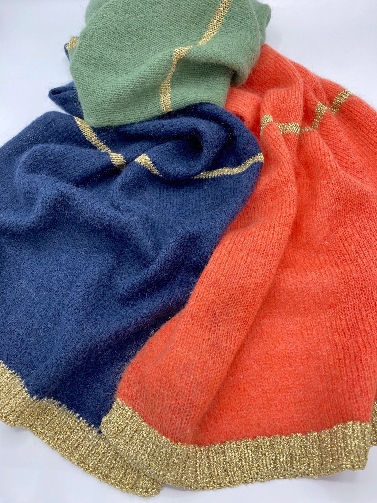 Olivier Colour Block Scarf with Gold Lurex Trim in Orange Green and Navy