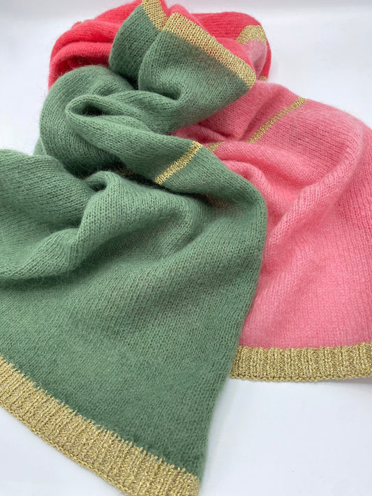 Olivier Colour Block Scarf with Gold Lurex Trim in Pinks and Green