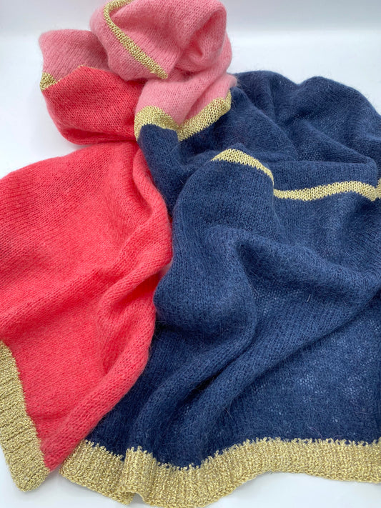 Olivier Colour Block Scarf with Gold Lurex Trim in Navy and Pinks