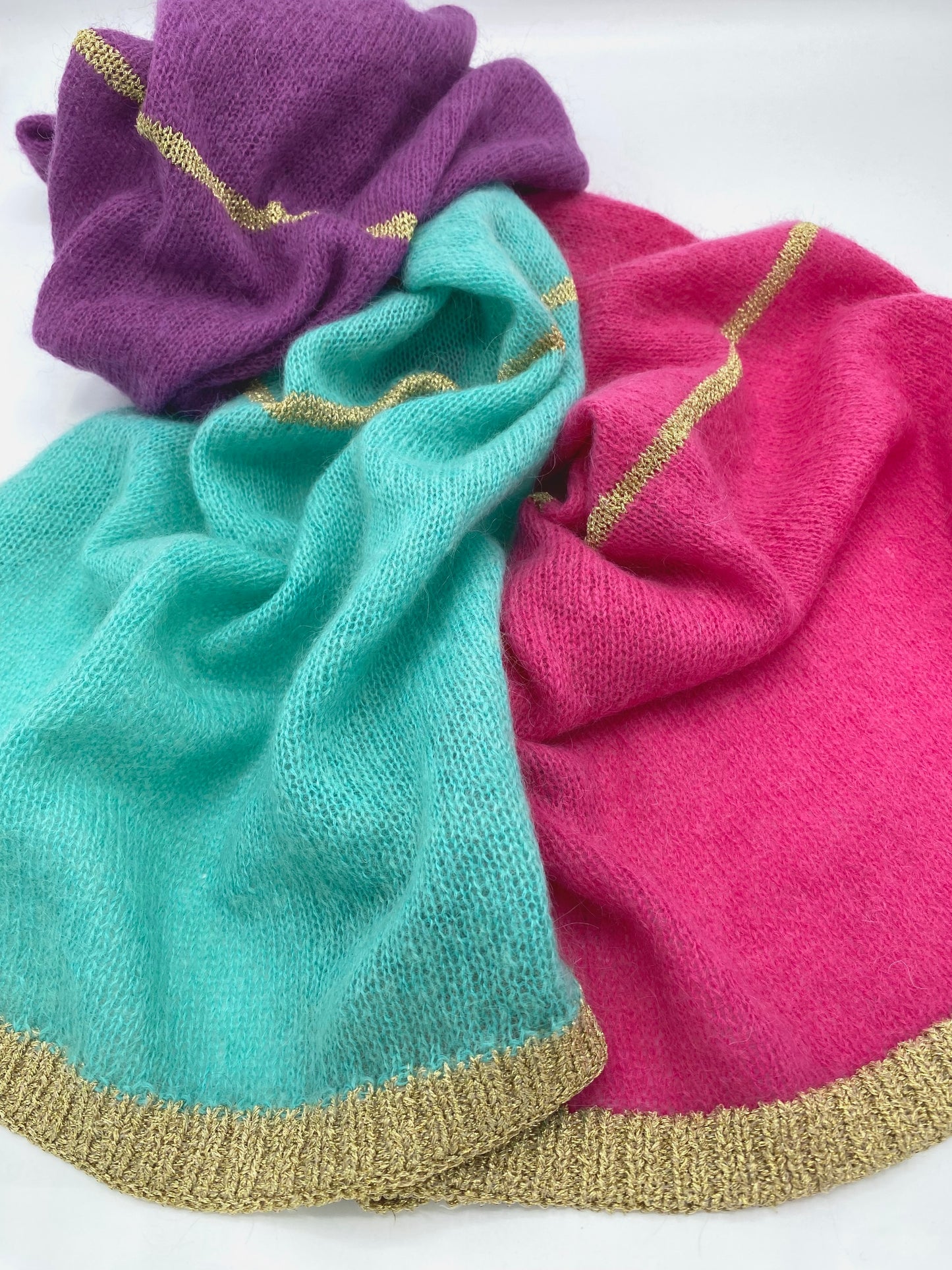 Olivier Colour Block Scarf with Gold Lurex Trim in Turquoise Purple and Pink