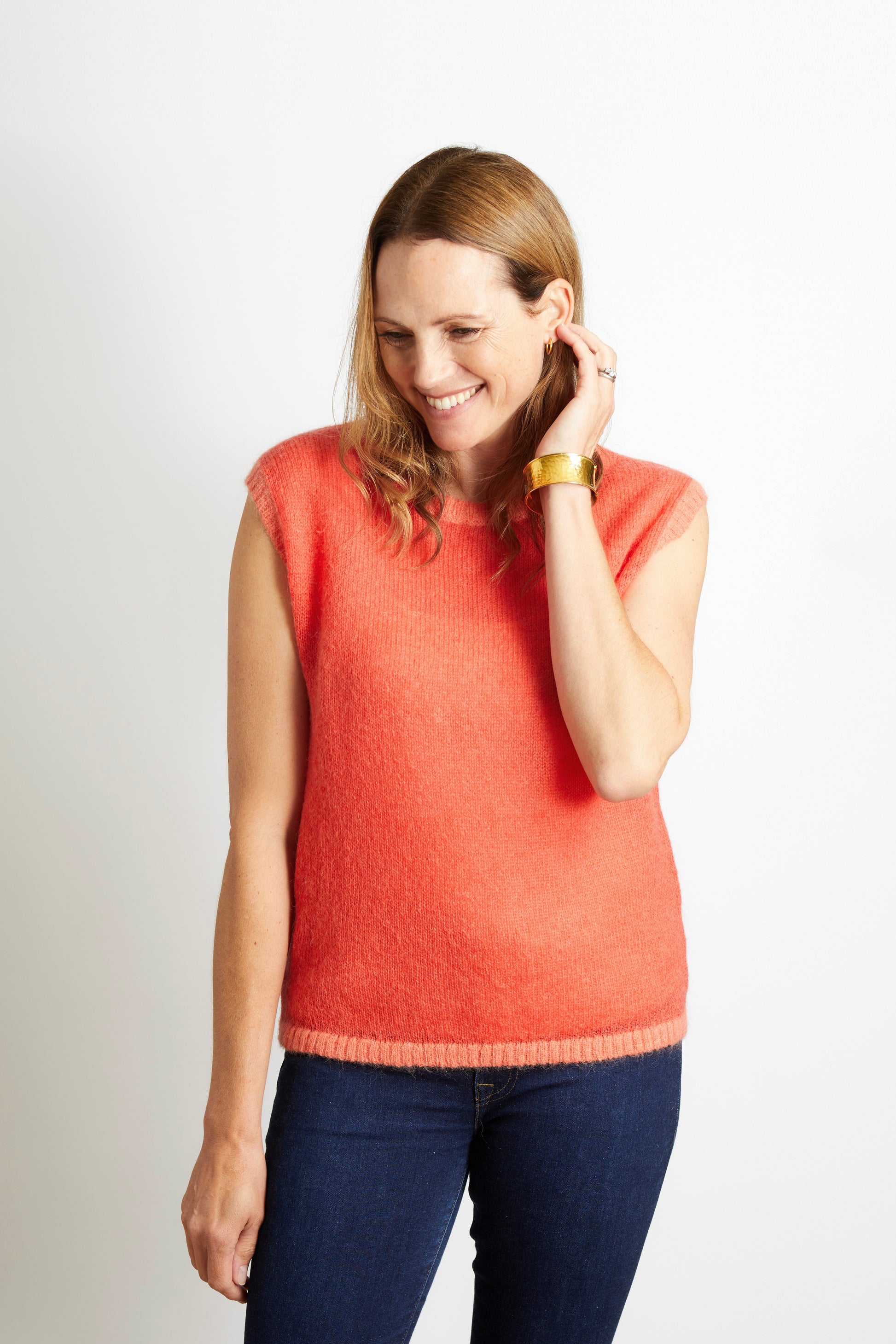 Women’s Knitted Tank Top Slipover - Tomato Red with Orange Trim