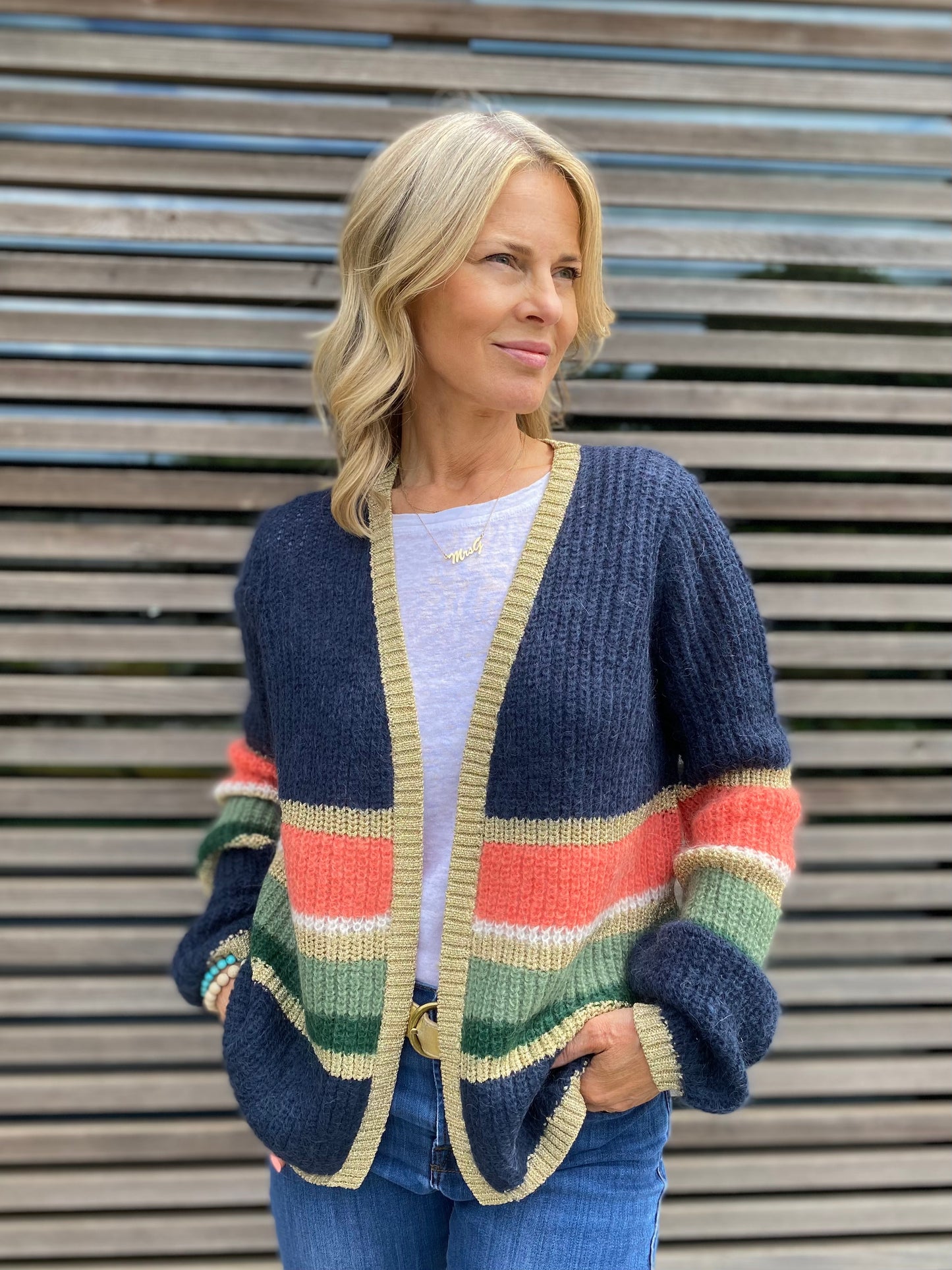 Colourful Striped Cardigan with Gold Lurex Trim in Green