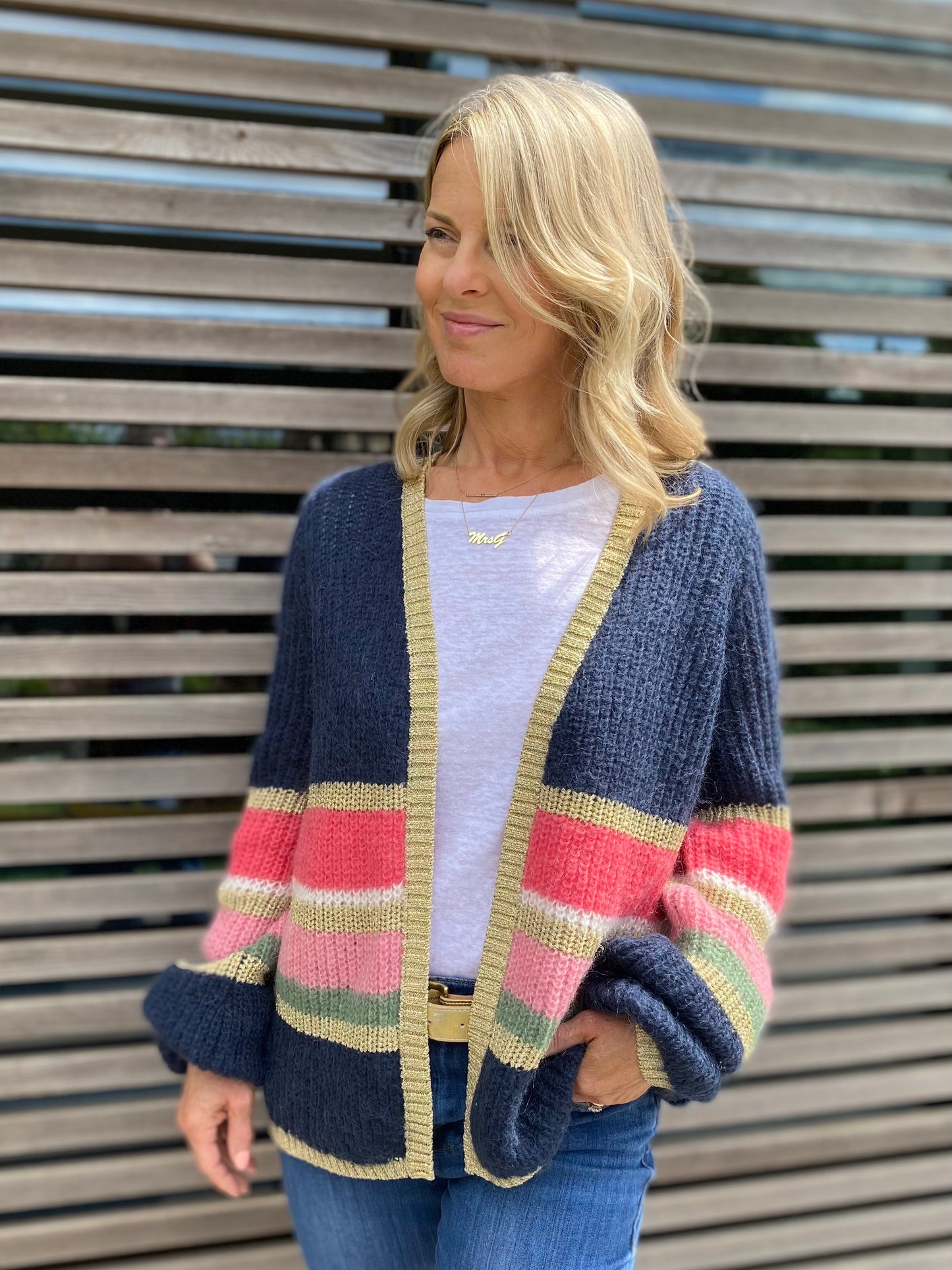 Colourful Stripe Cardigan with Gold Lurex Trim in Navy and Pinks