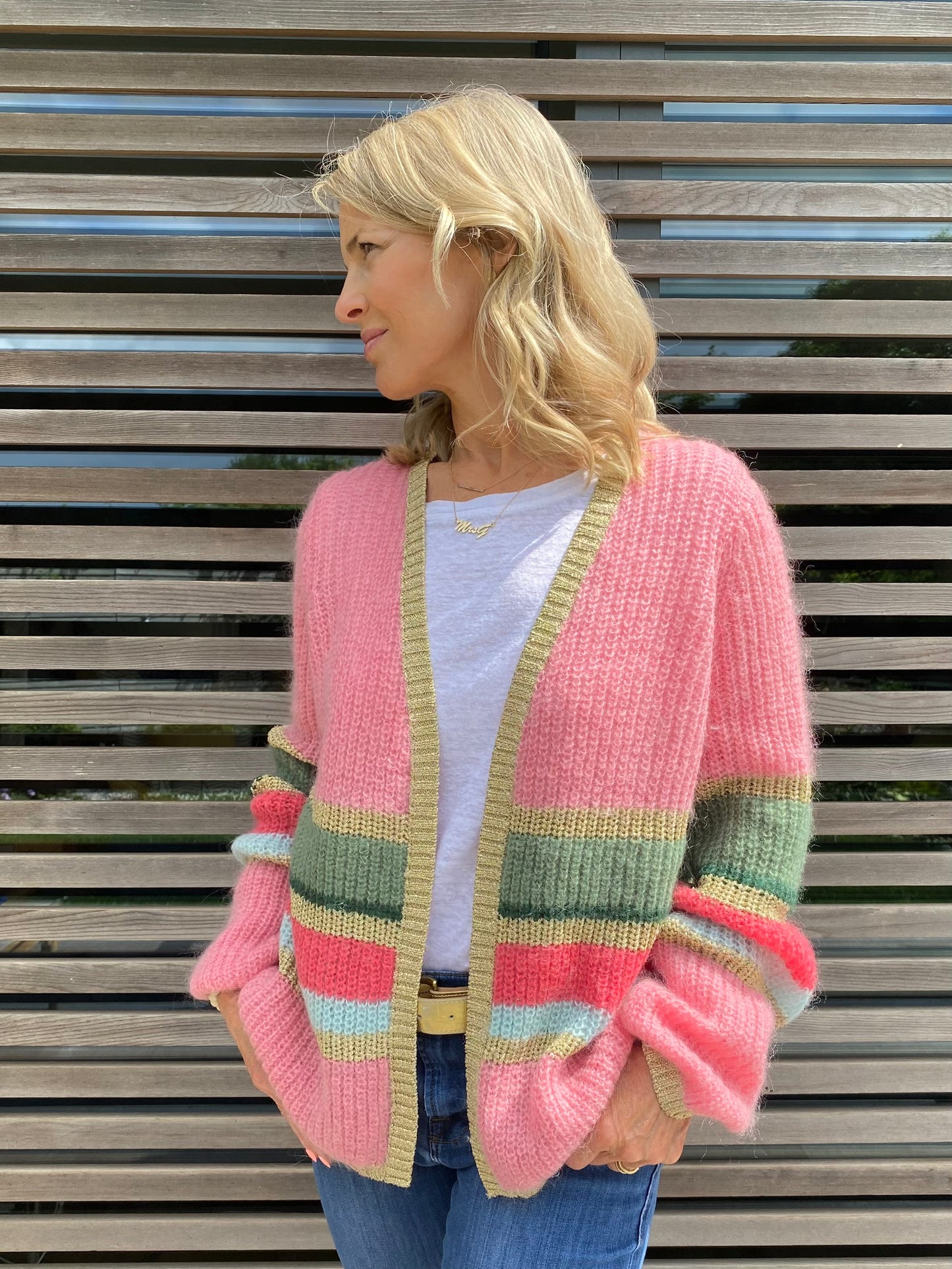 Colourful Striped Cardigan with Gold Lurex Trim in Pink