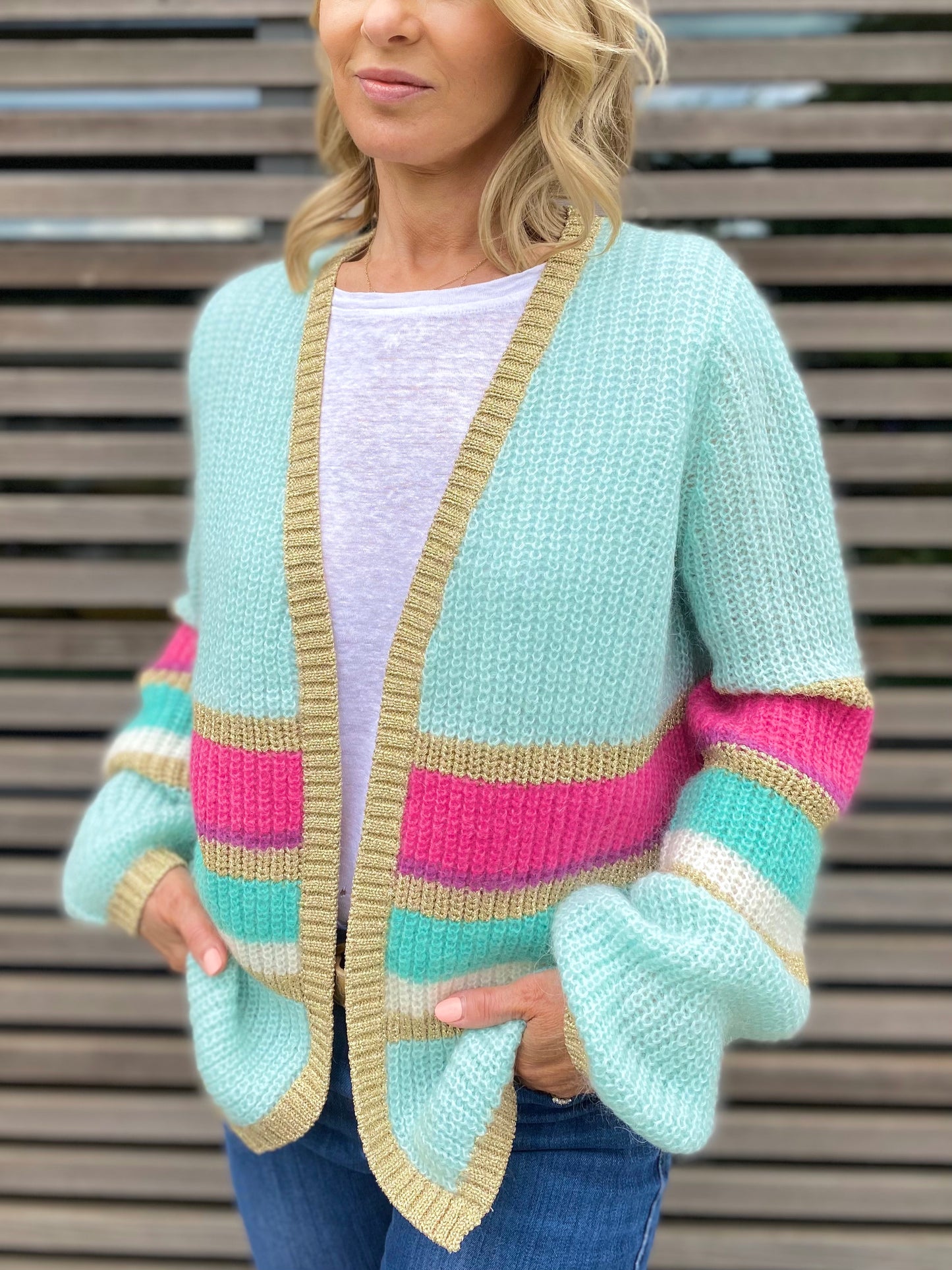 Colourful Striped Cardigan with Gold Lurex Trim in Green