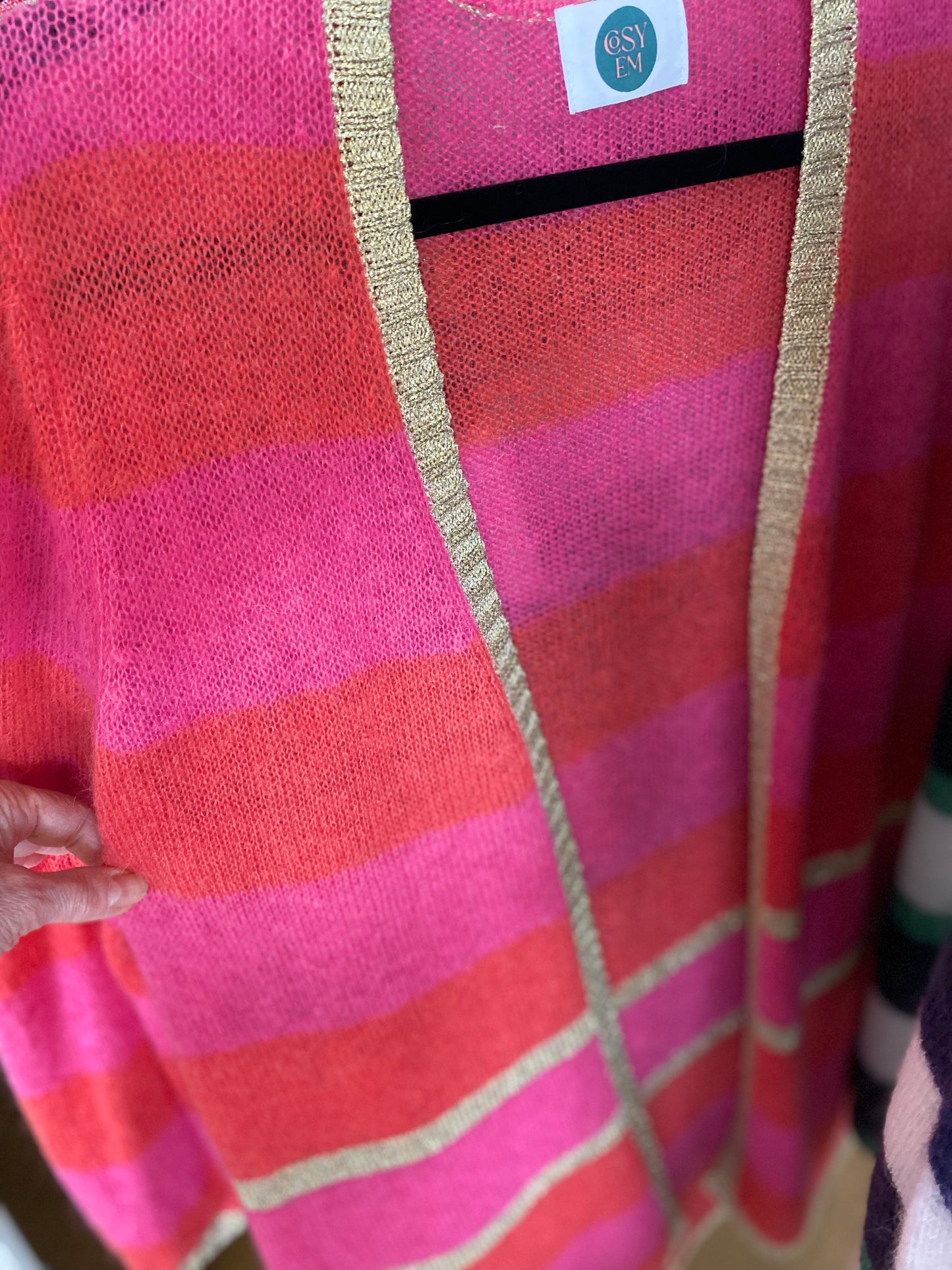 Elizabeth Long Striped Cardigan in Pink and Red with Gold Lurex Trim