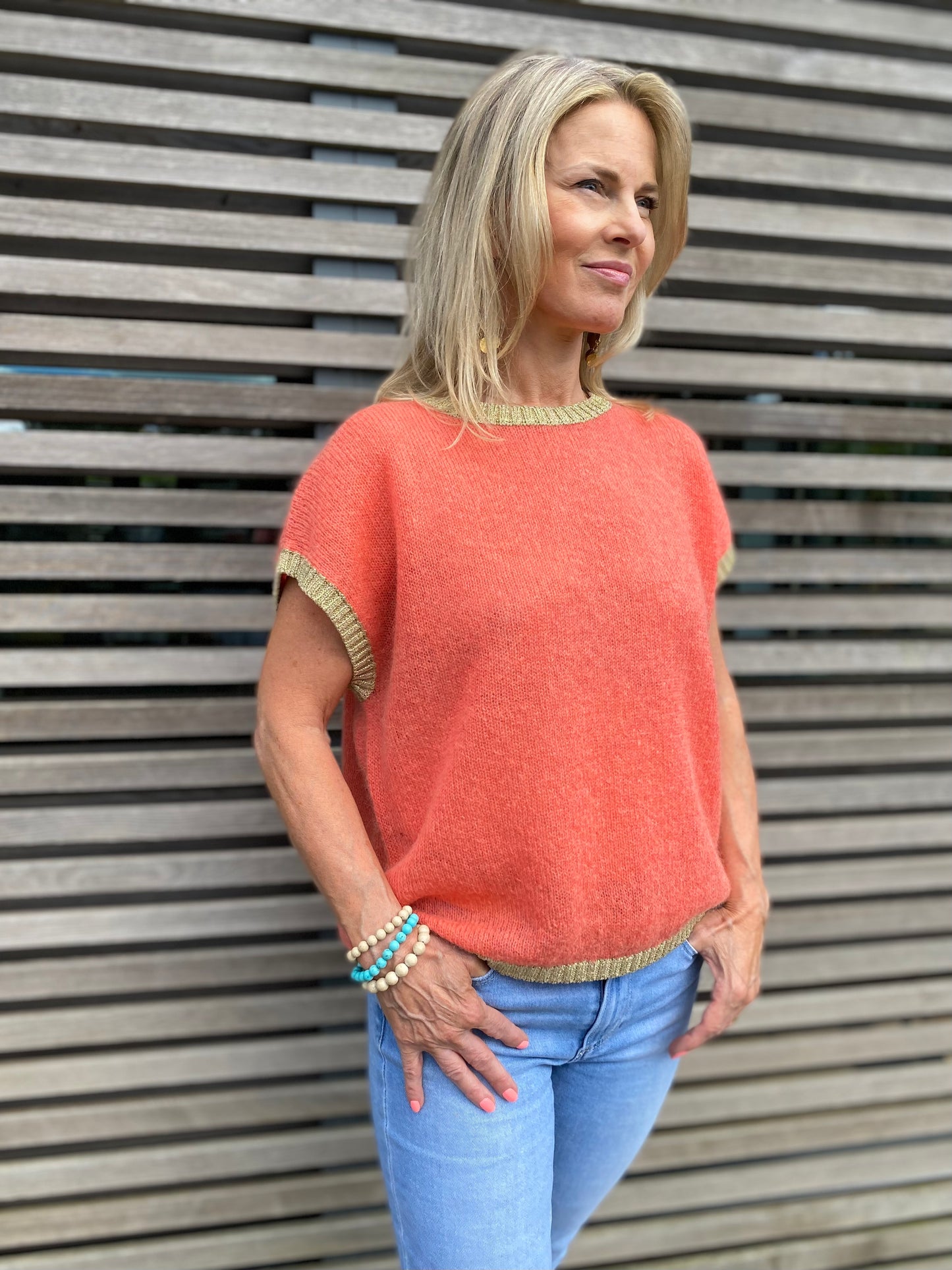 Rosie Colourful Tank Top in Orange with Gold Lurex Trim