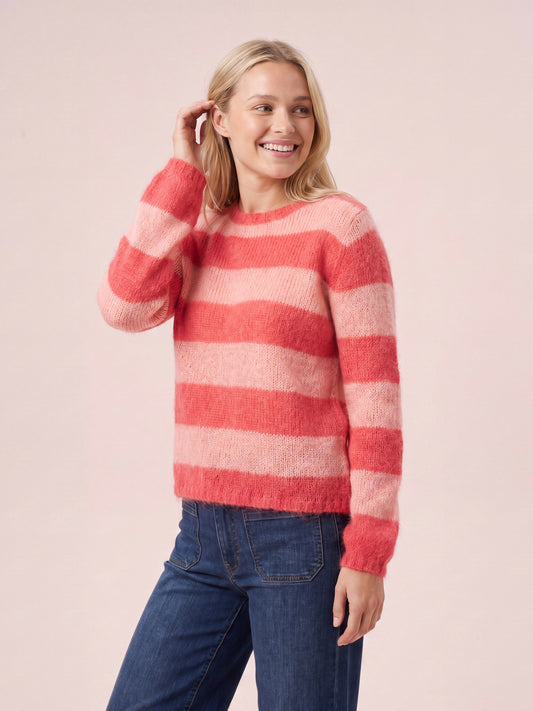 Sasha Chunky Mohair & Merino Striped Knit women's Jumper in Cerise Pink and Pale Rose Pink with horizontal stripes crew neck long sleeves and a relaxed fit
