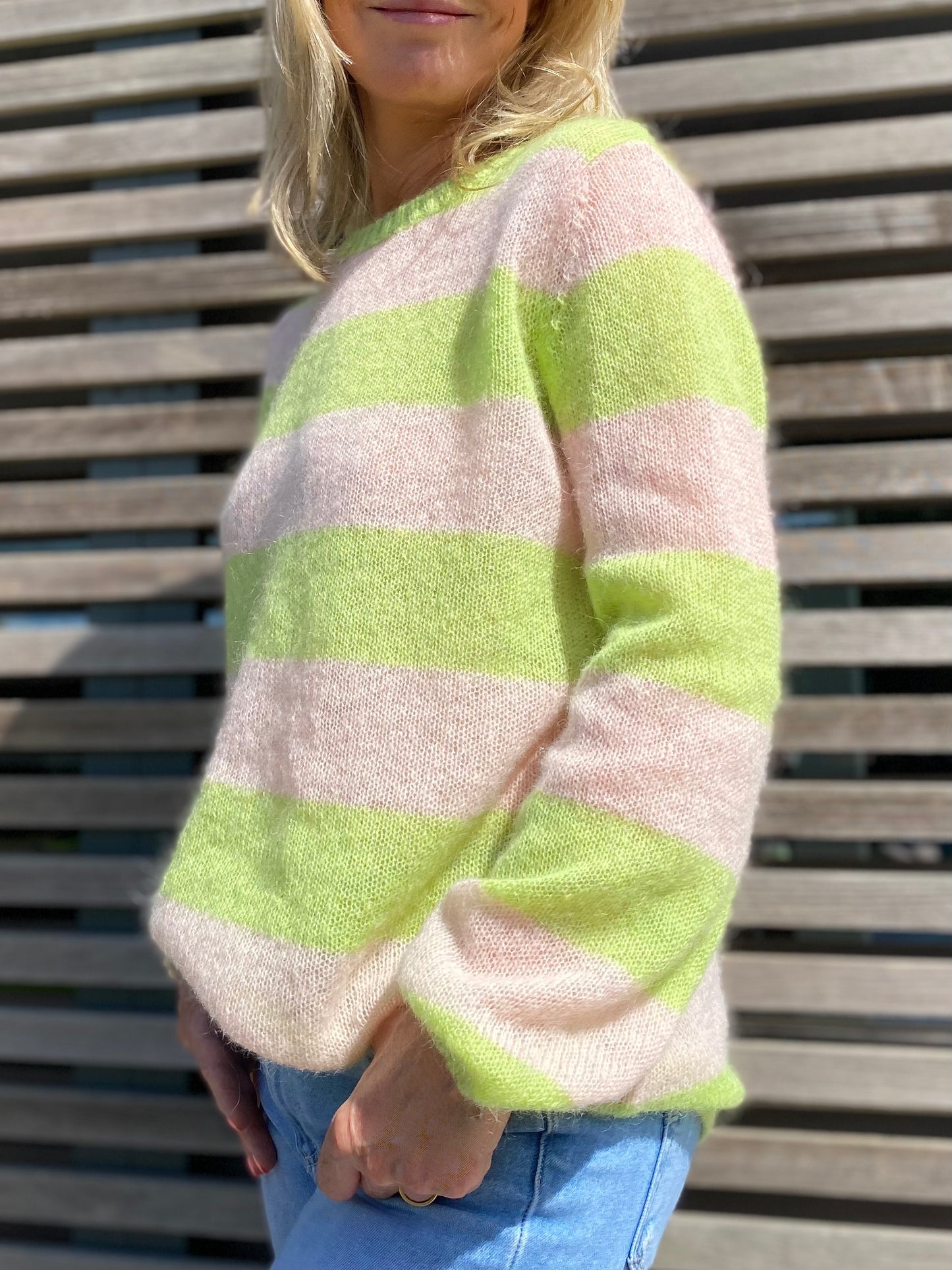 Sasha Colourful Striped Jumper in Lime Green and Blush