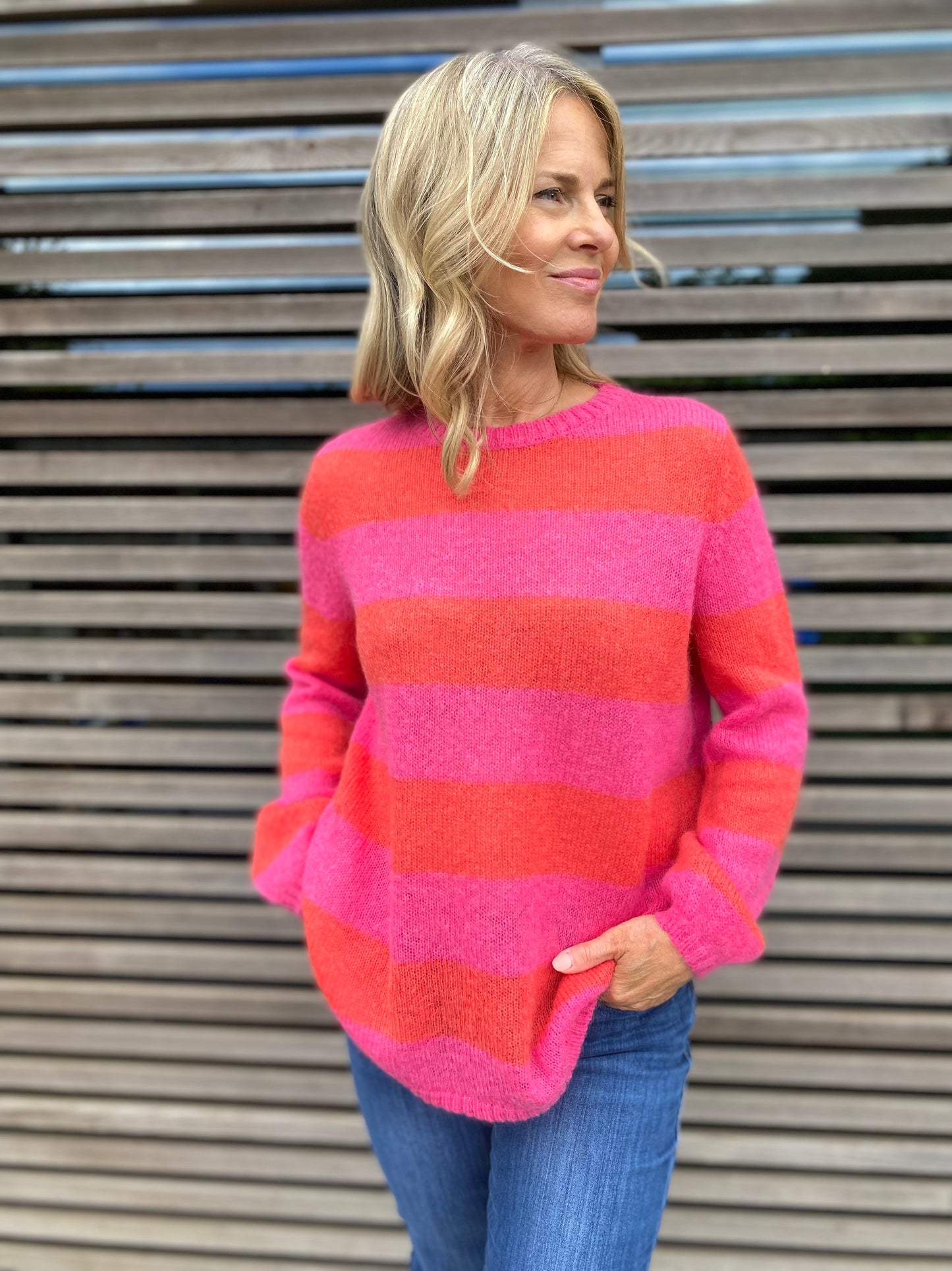 Sasha Colourful Striped Jumper in Lime Green and Blush