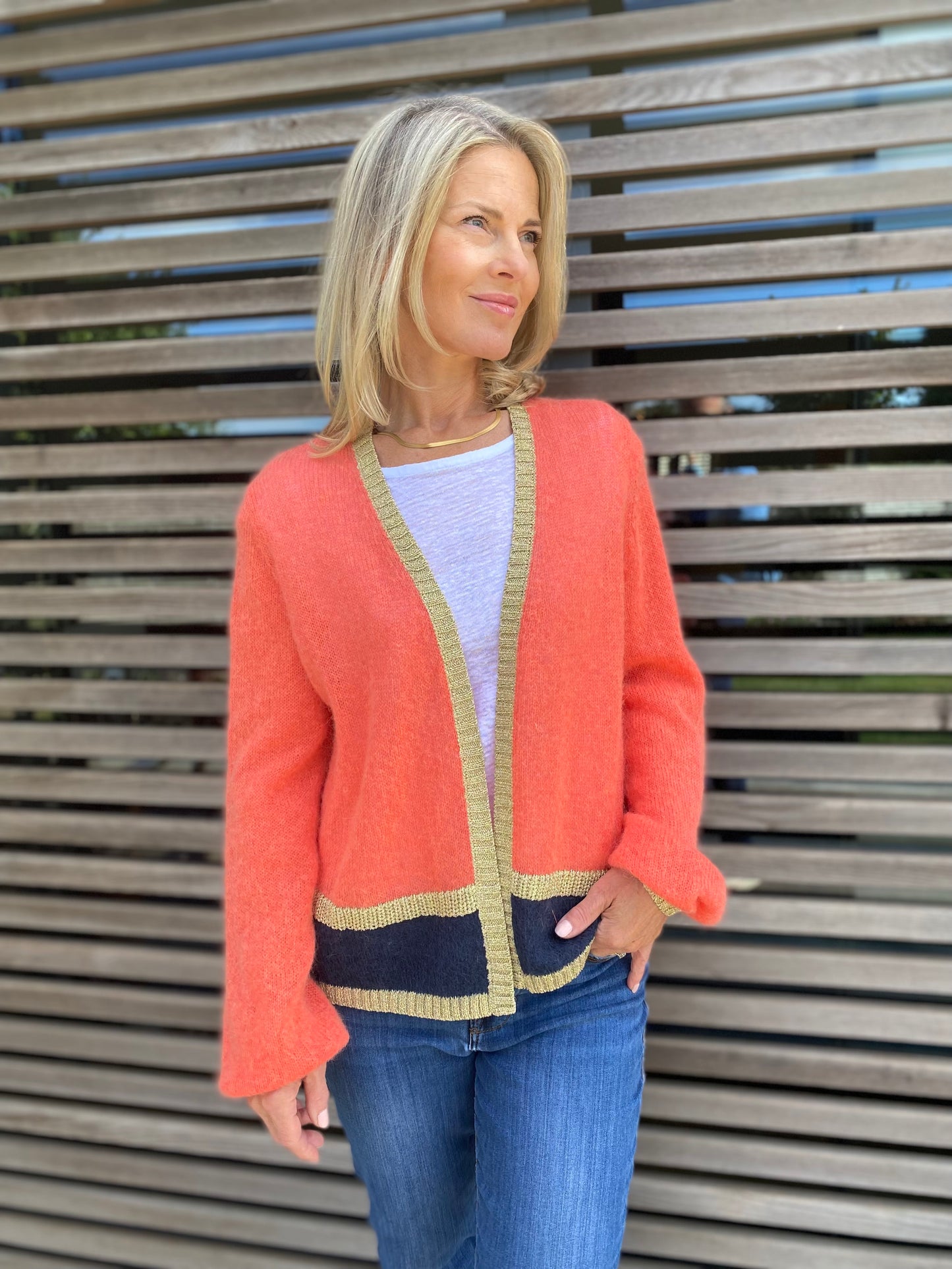 Sophie Short Striped Cardigan with Lurex Trim in Navy and Blush