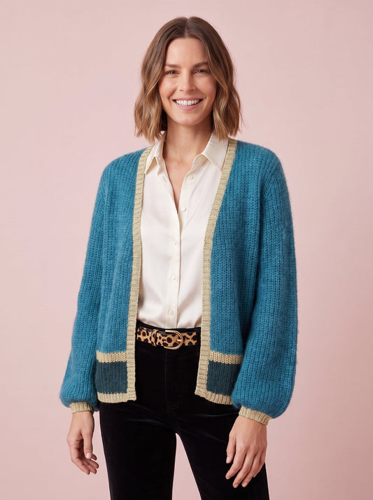 Teal blue mohair and merino blend chunky knit loose knit cardigan with a V-neck open front and gold lurex trim detail
