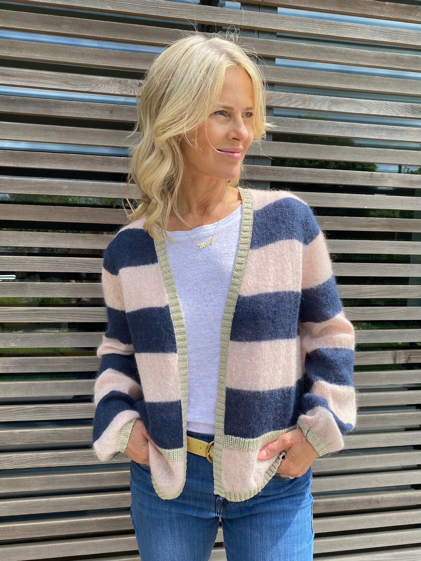 Sophie Short Striped Cardigan with Lurex Trim in Navy and Pink