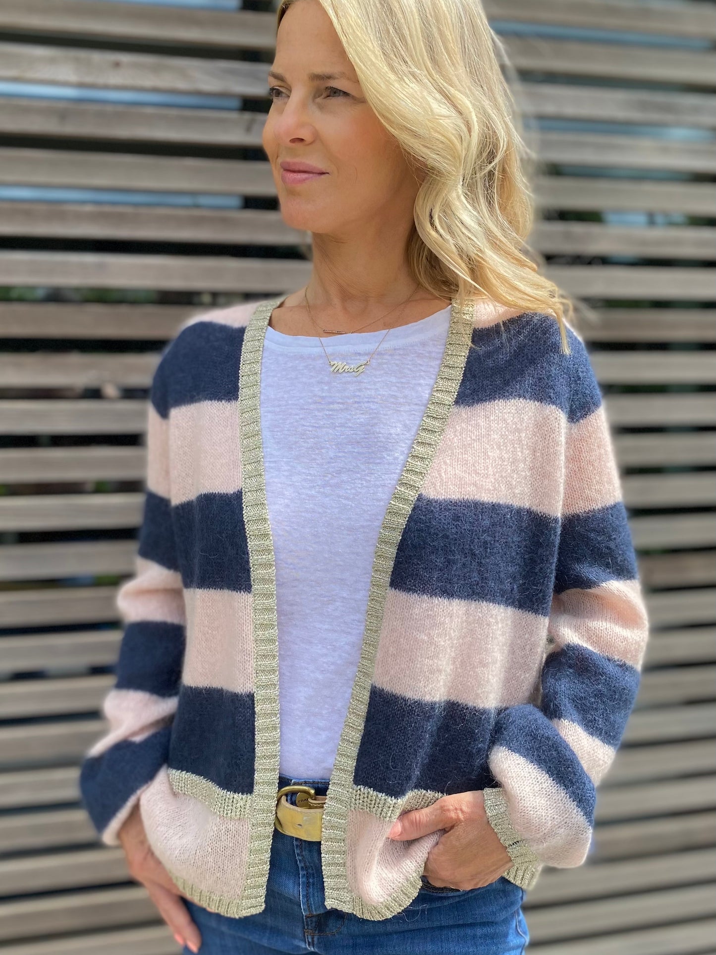 Sophie Short Striped Cardigan with Lurex Trim in Navy and Blush