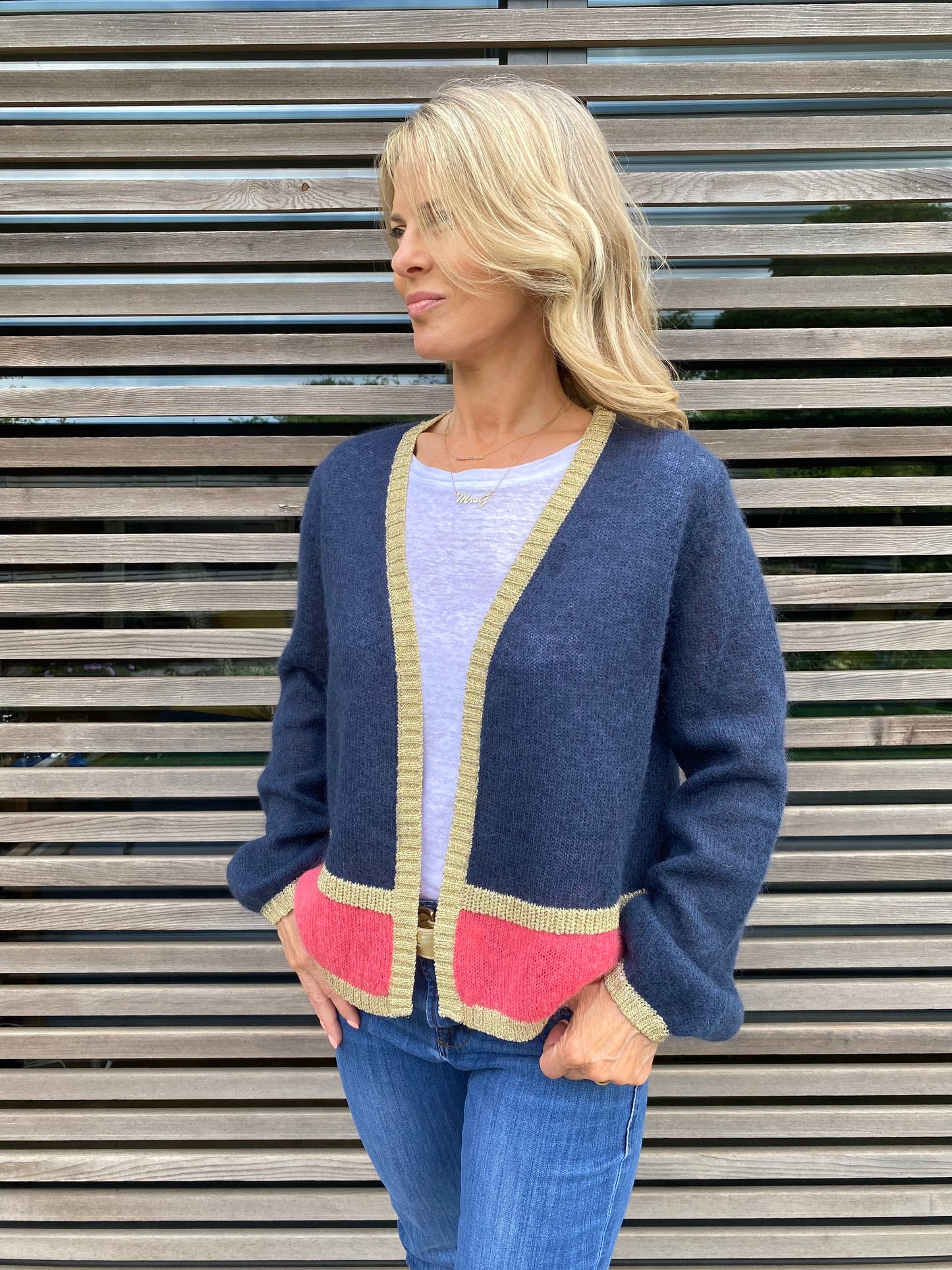 Sophie Short Striped Cardigan with Lurex Trim in Navy and Blush