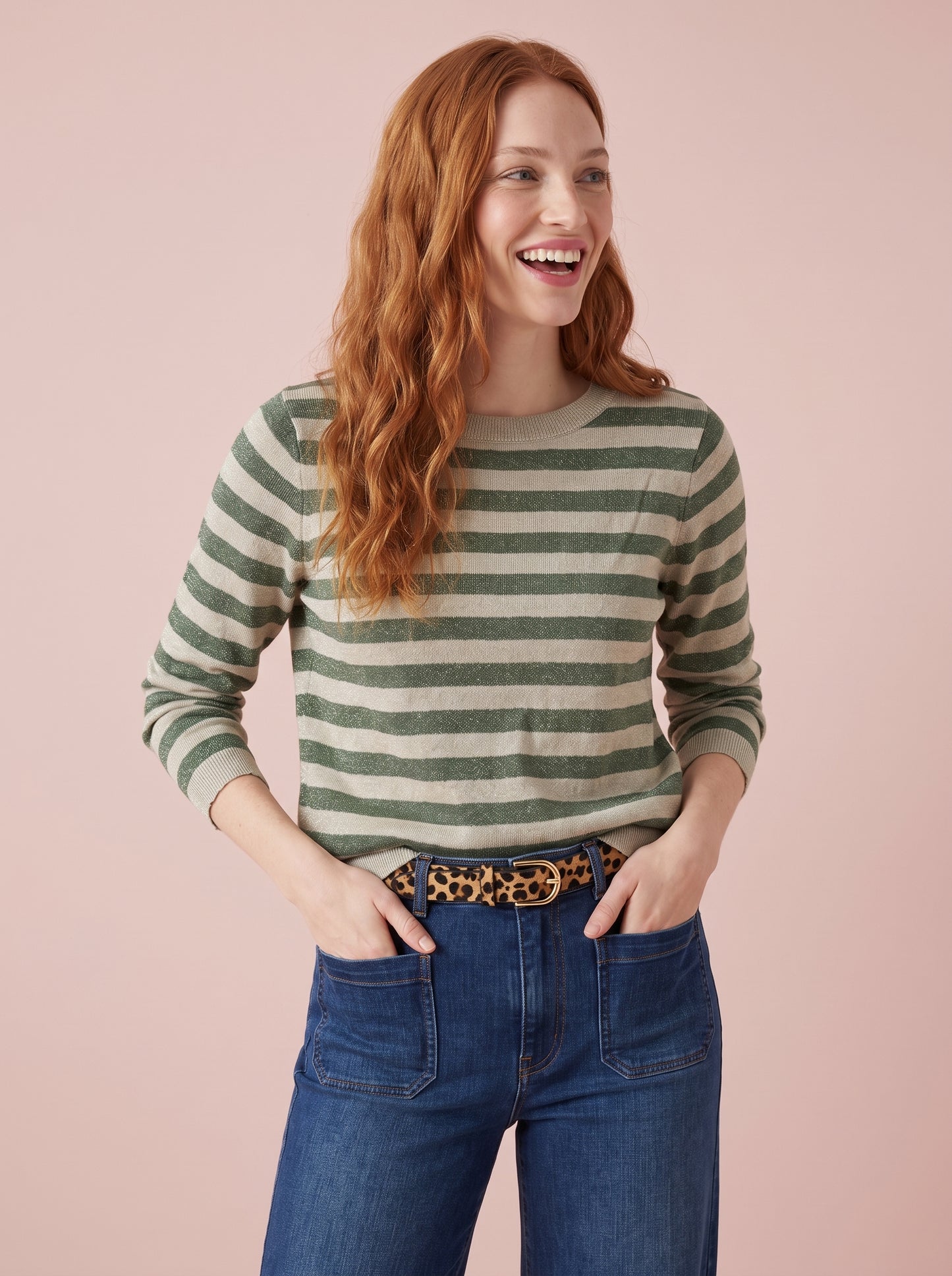 Olive Green and champagne gold striped long sleeved party top in sparkly lurex knit