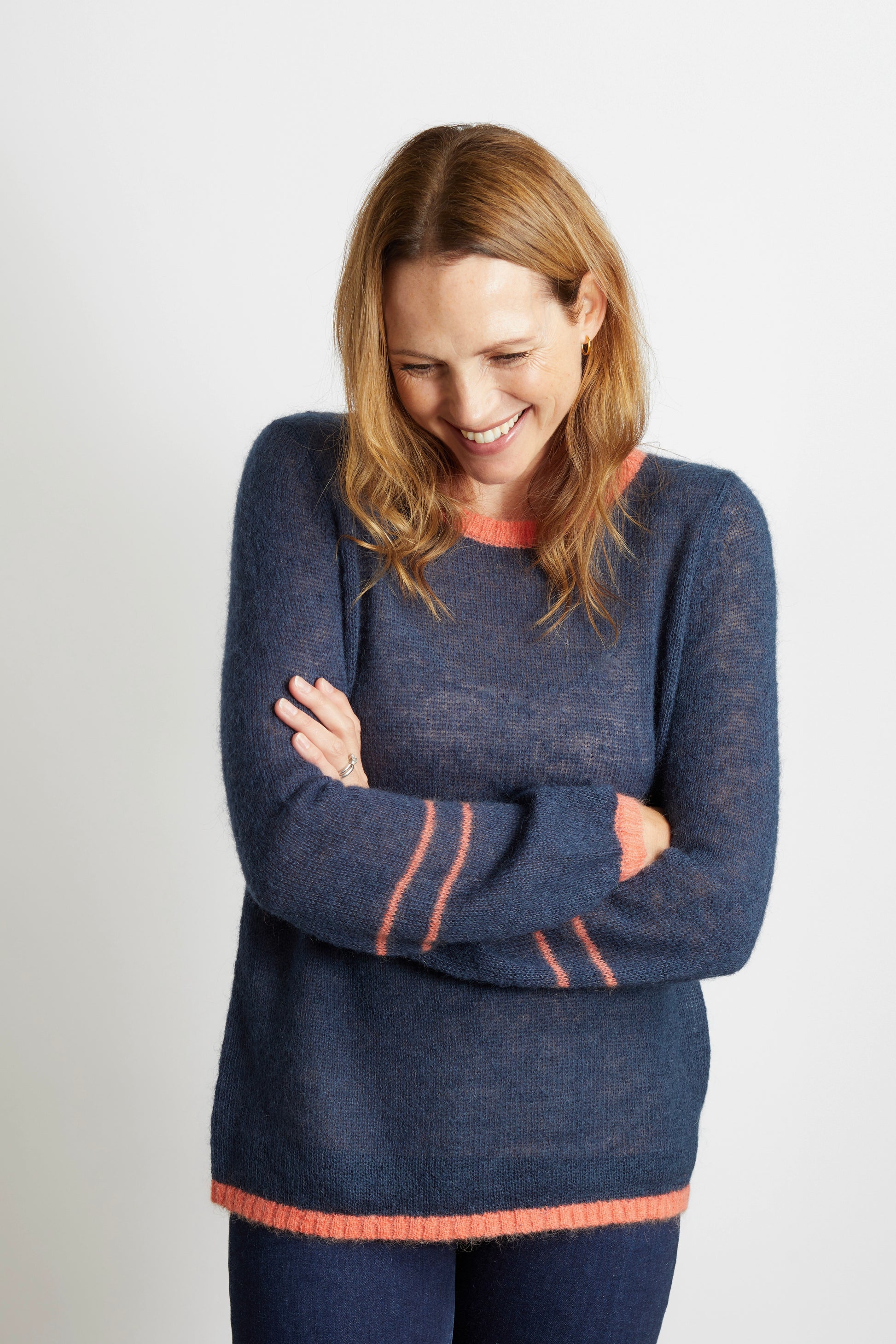 Woman's Jumper with Contrast Colour Trim - Navy Blue and Orange Stripe