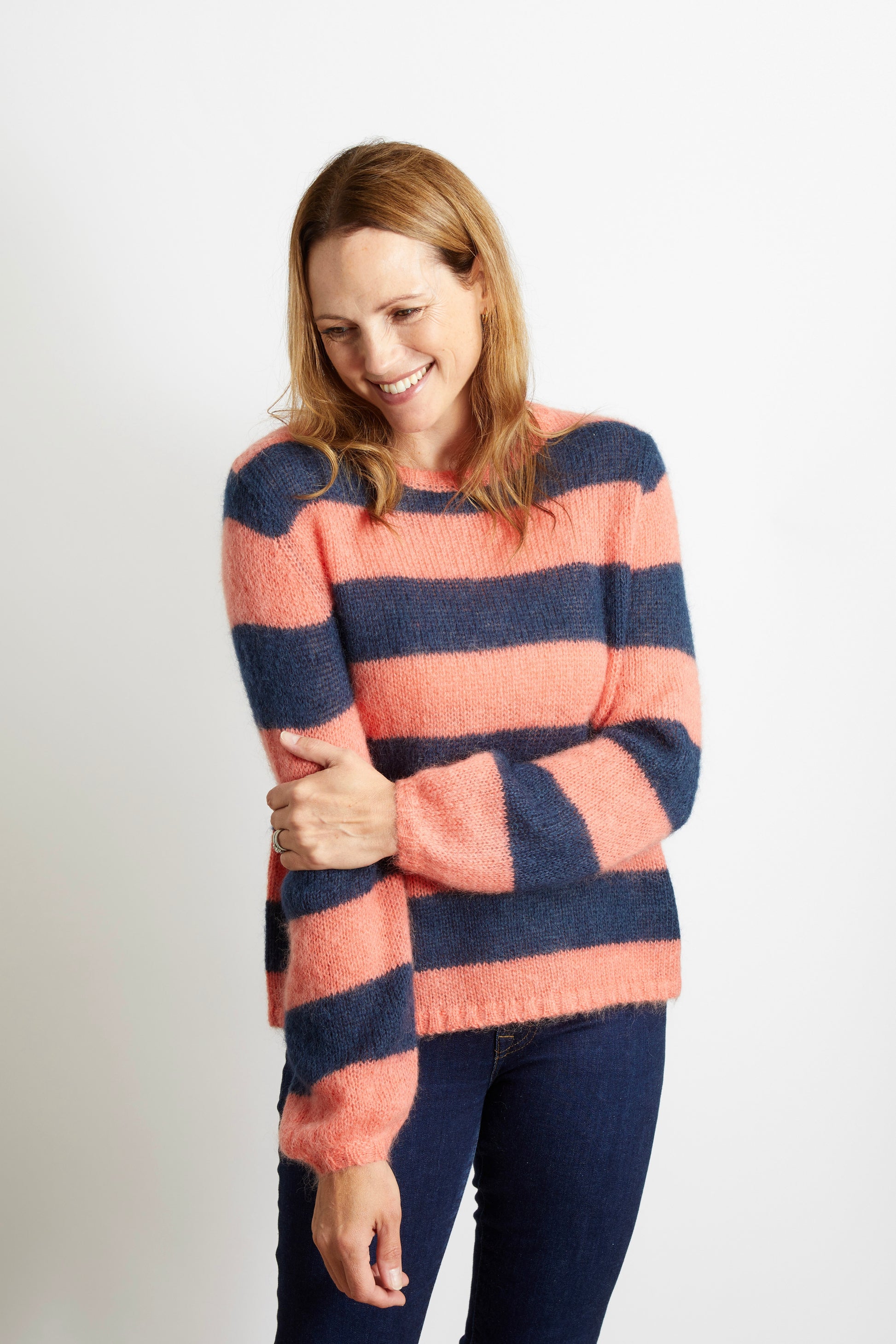 Woman's Chunky Knit Striped Jumper - Orange and Navy Blue