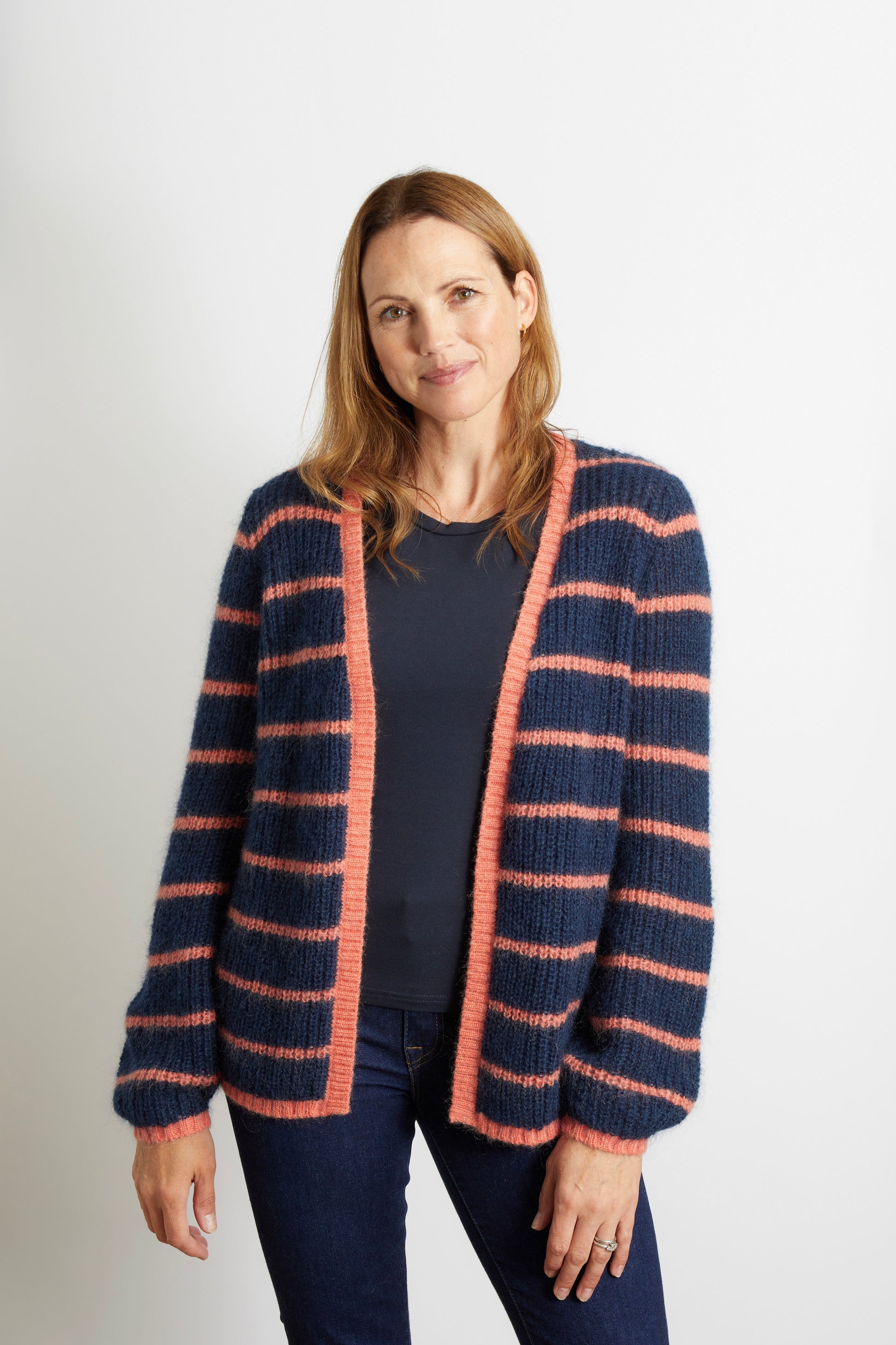 Woman's Chunky Knit Striped Cardigan - Navy Blue and Orange