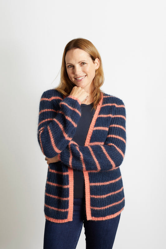 Woman's Chunky Knit Striped Cardigan - Navy Blue and Orange