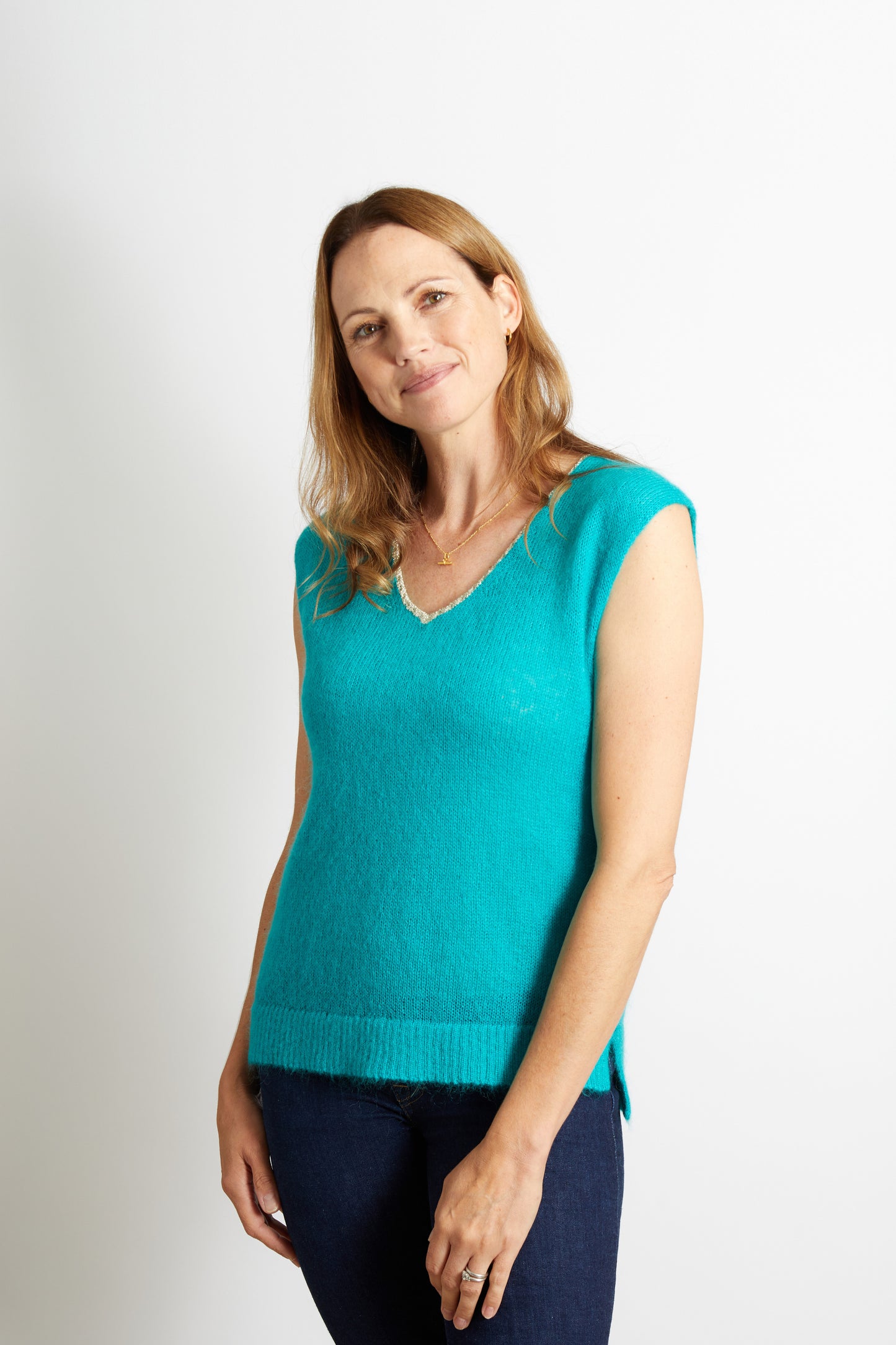 Women’s Knitted V-Neck Tank with Gold Sparkle Lurex Trim - Teal Blue