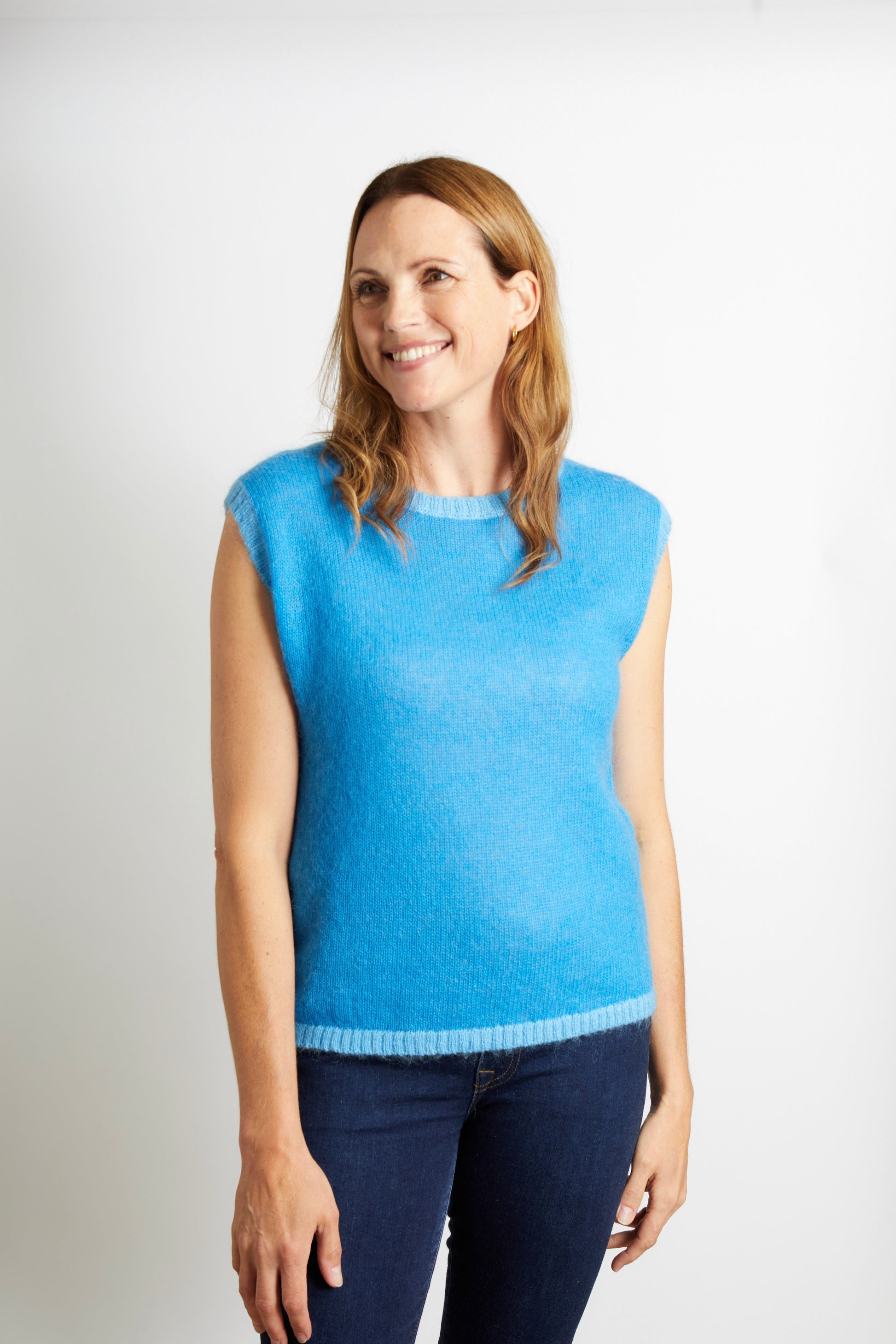 Woman's Knitted Tank Top Slipover - Azure Blue with Pale Blue Trim