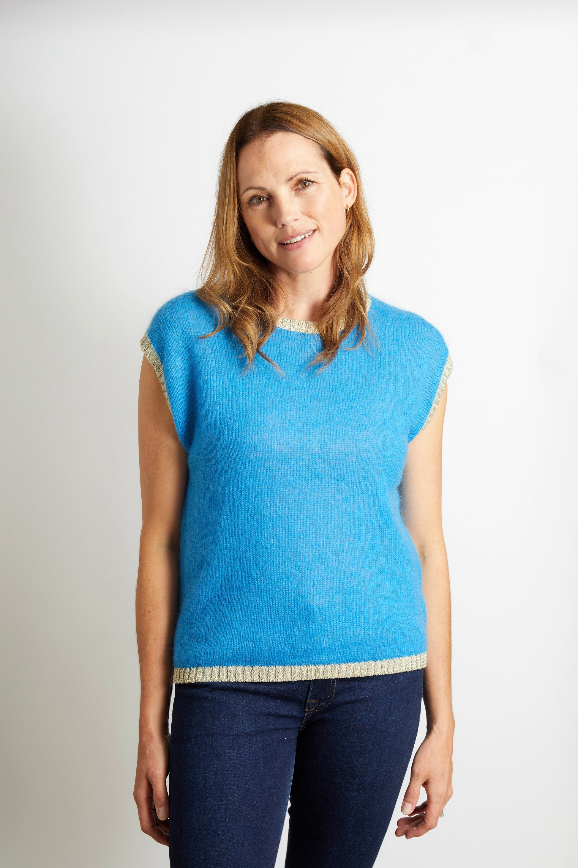 Women’s Knitted Tank with Gold Sparkle Lurex Trim - Blue