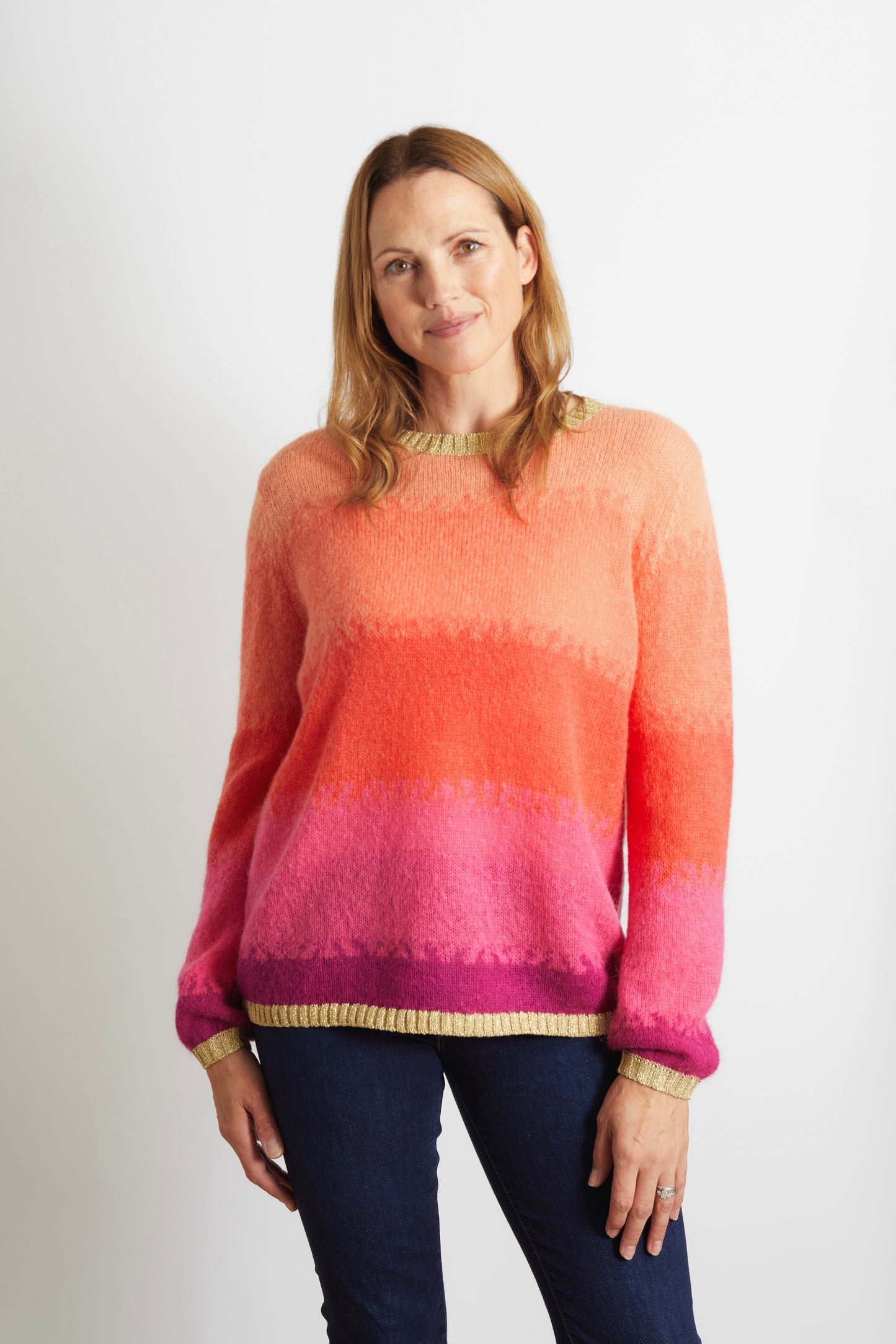 Amelia Ombre Effect Jumper with Gold Sparkle Lurex Trim in Sunset, Red, Pink and Orange