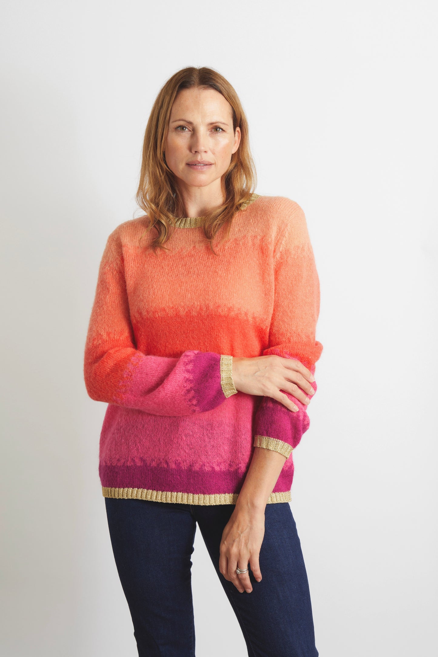 Amelia Ombre Effect Jumper with Gold Sparkle Lurex Trim in Sunset, Red, Pink and Orange