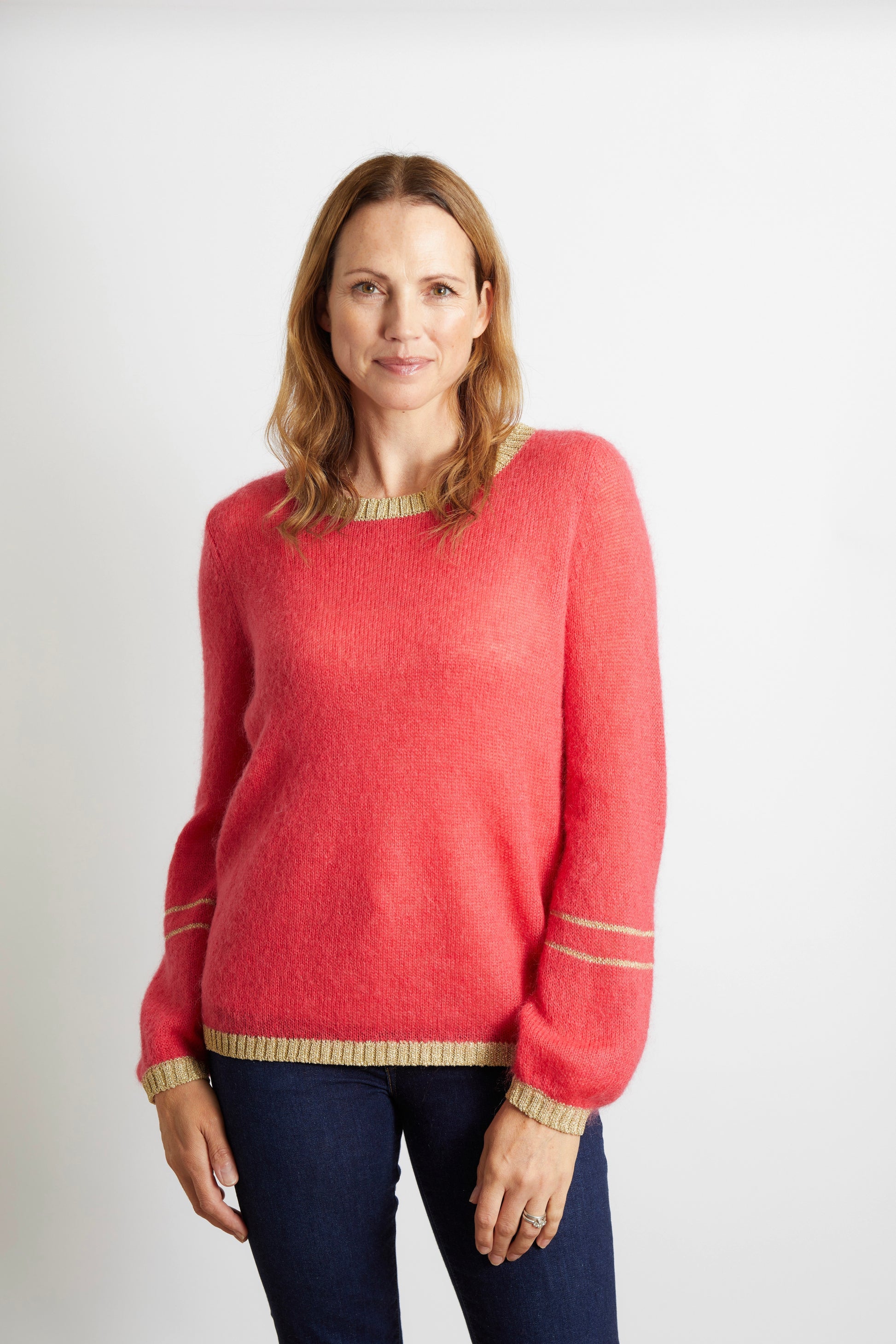 Woman's Jumper with Gold Sparkle Lurex Trim - Cerise Pink
