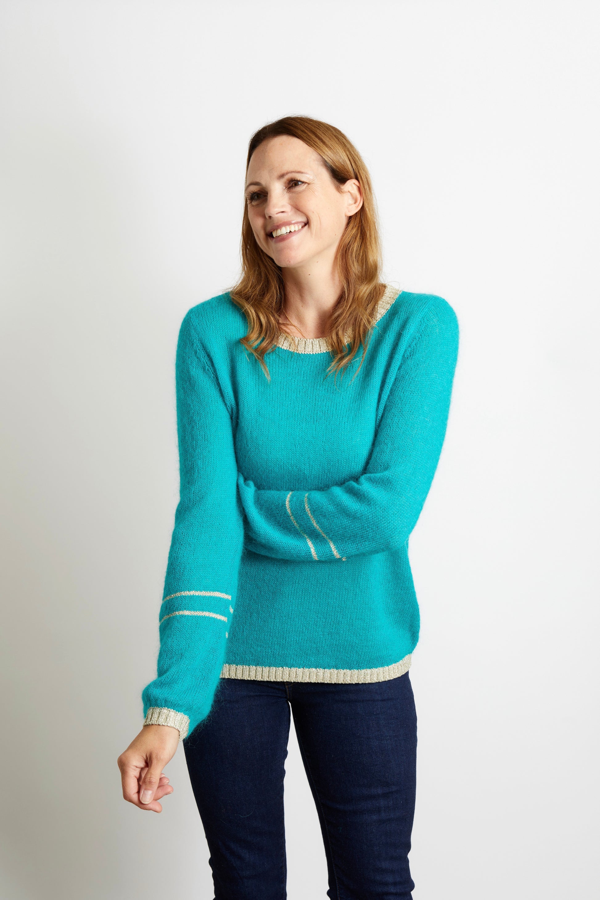 Woman's Jumper with Gold Sparkle Lurex Trim - Teal Blue