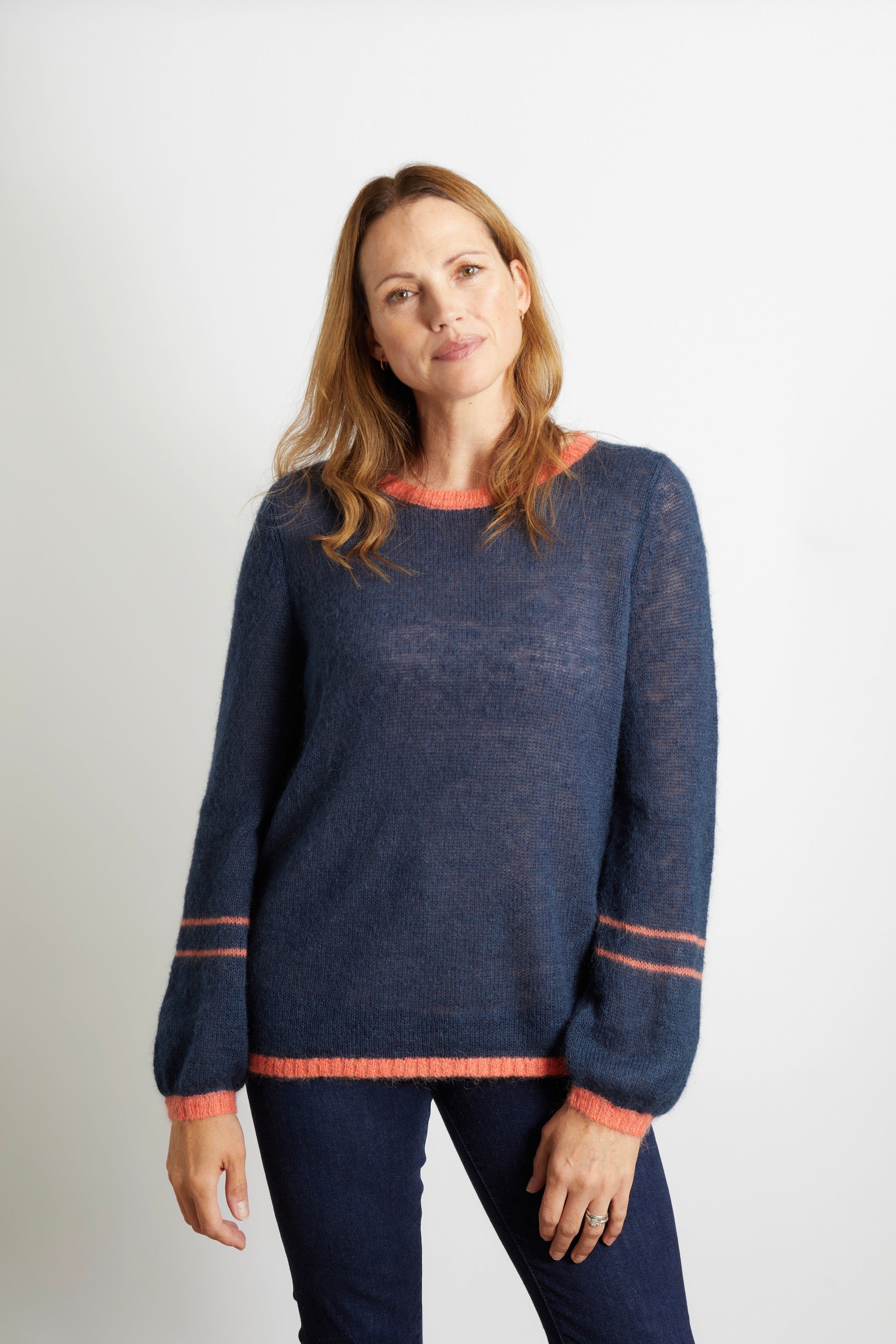Woman's Jumper with Contrast Colour Trim - Navy Blue and Orange Stripe