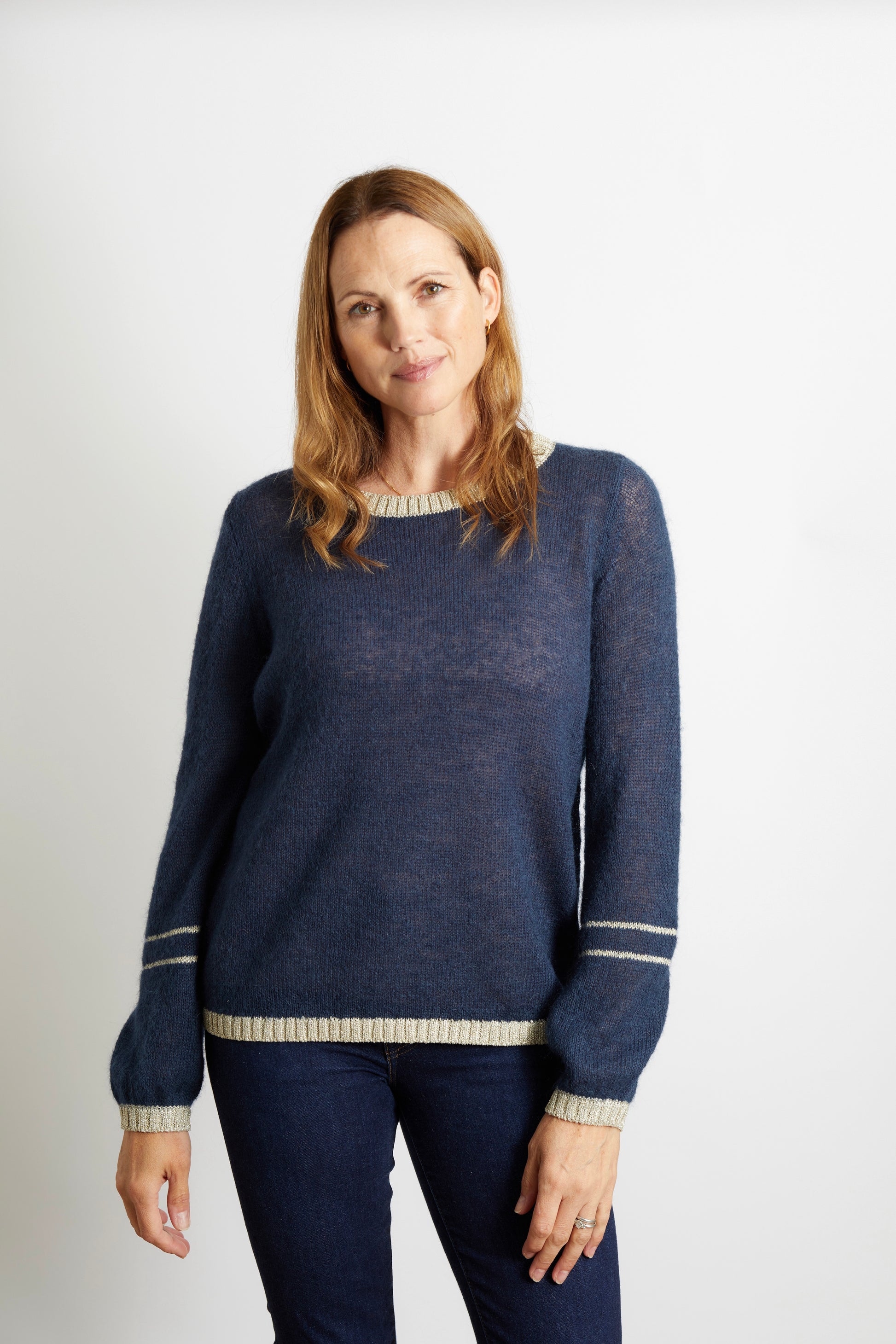 Woman's Jumper with Gold Sparkle Lurex Trim - Navy Blue