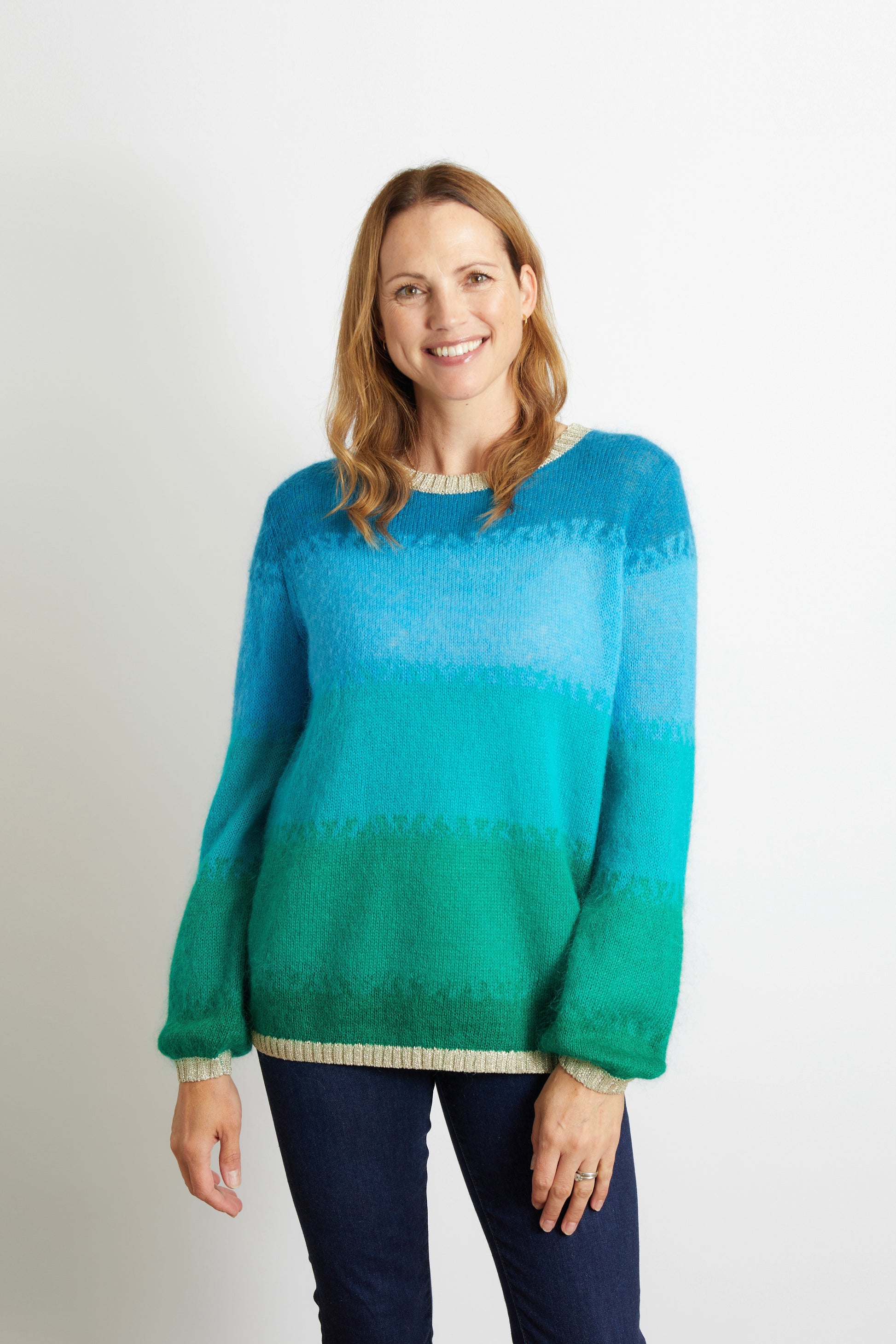 Woman's Ombre Effect Jumper with Champagne Sparkle Lurex Trim in Aqua, Blue, Turquoise and Green