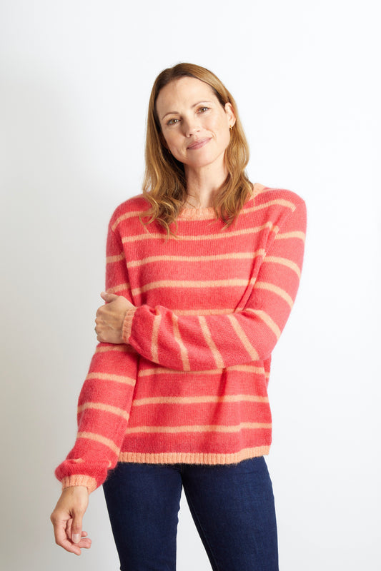 Emma Colourful Striped Jumper - Cerise Pink with Orange Stripe