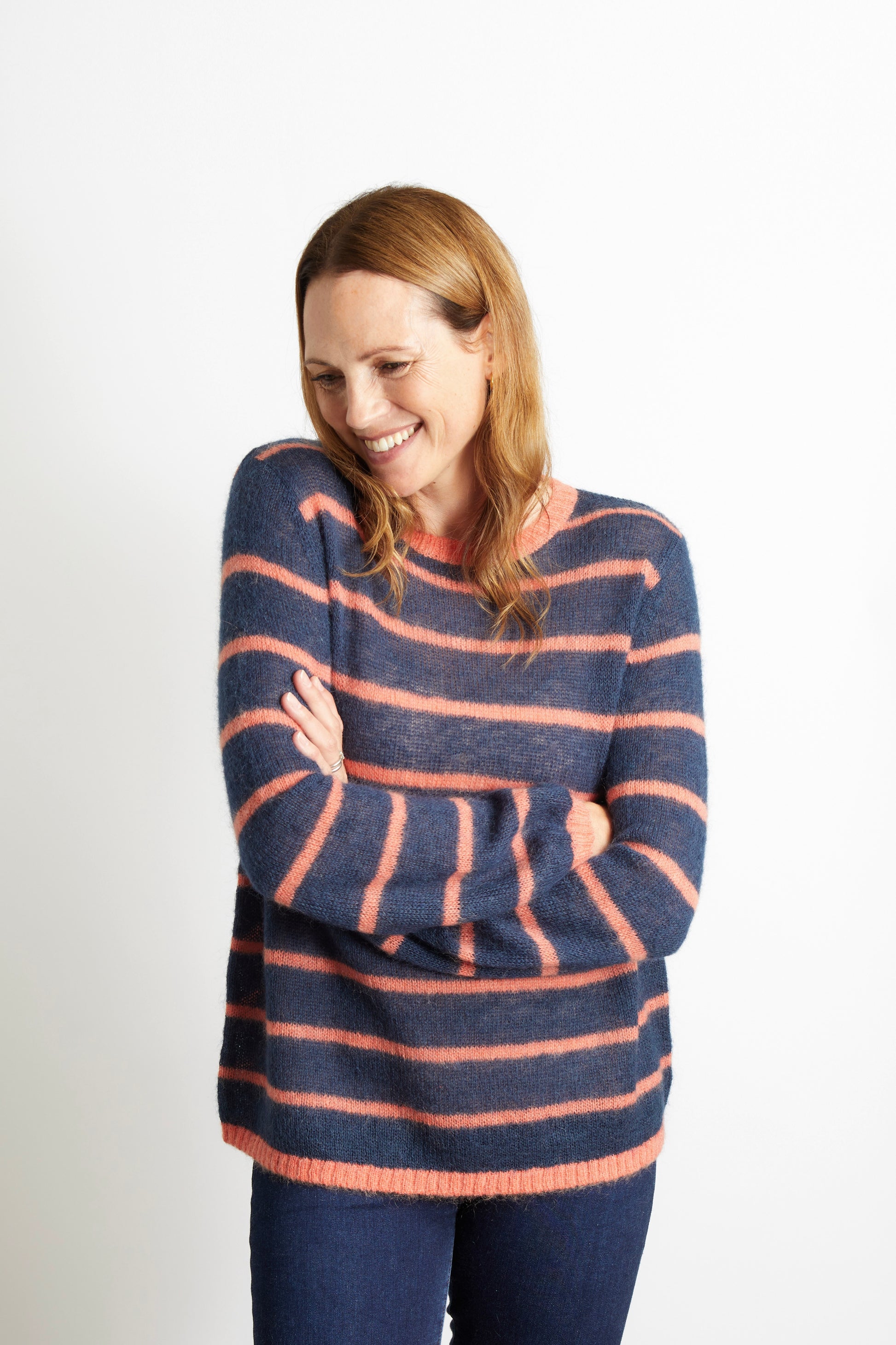 Woman's Colourful Striped Jumper - Navy Blue with Orange Stripe