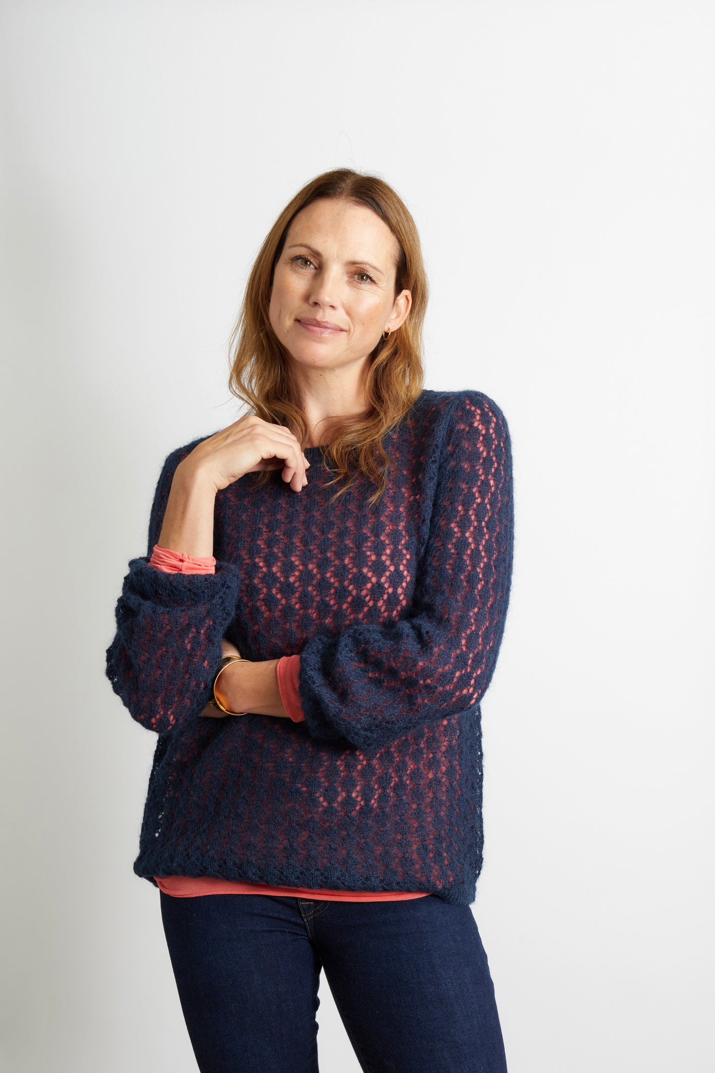 Women’s Pointelle Knit Ladies Jumper with full sleeve - Navy Blue