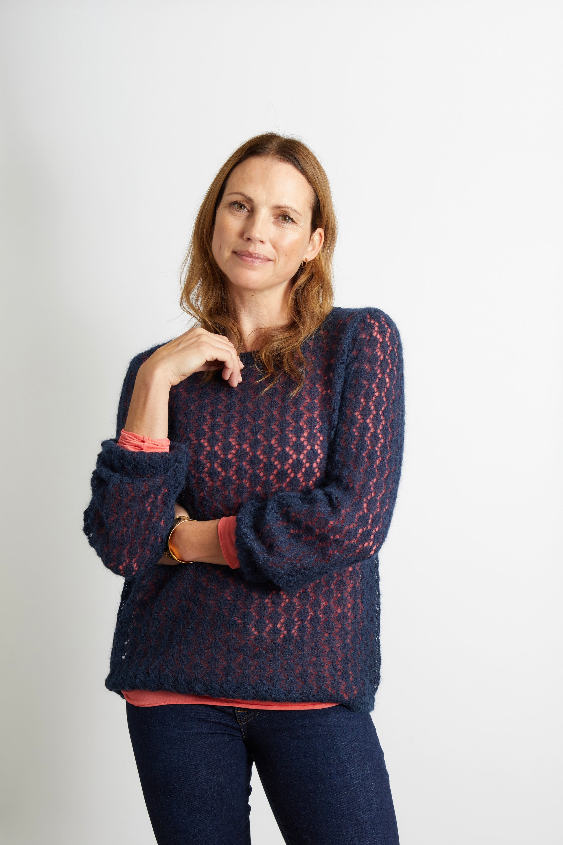Women’s Pointelle Knit Ladies Jumper with full sleeve - Navy Blue