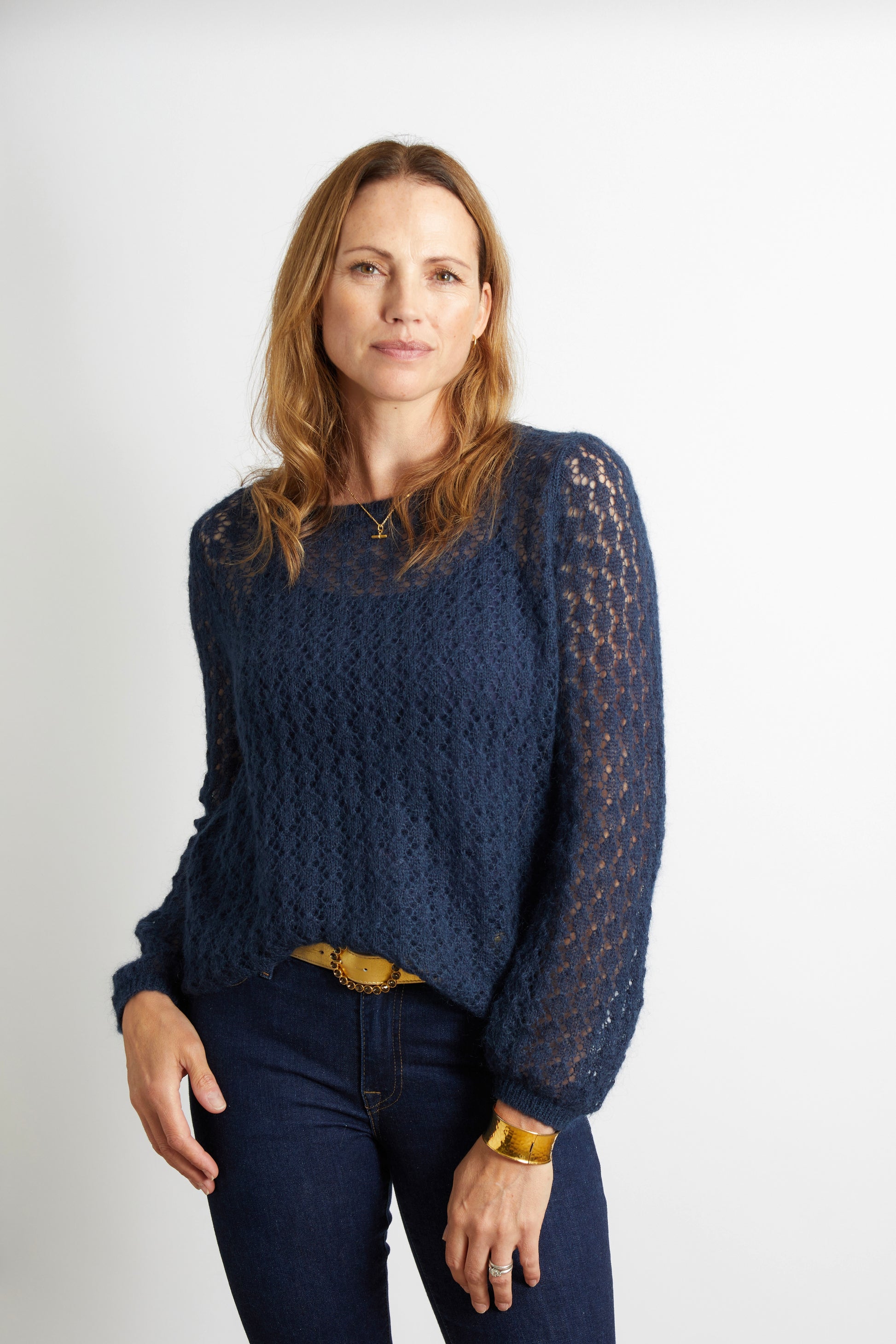 Women’s Pointelle Knit Ladies Jumper with full sleeve - Navy Blue
