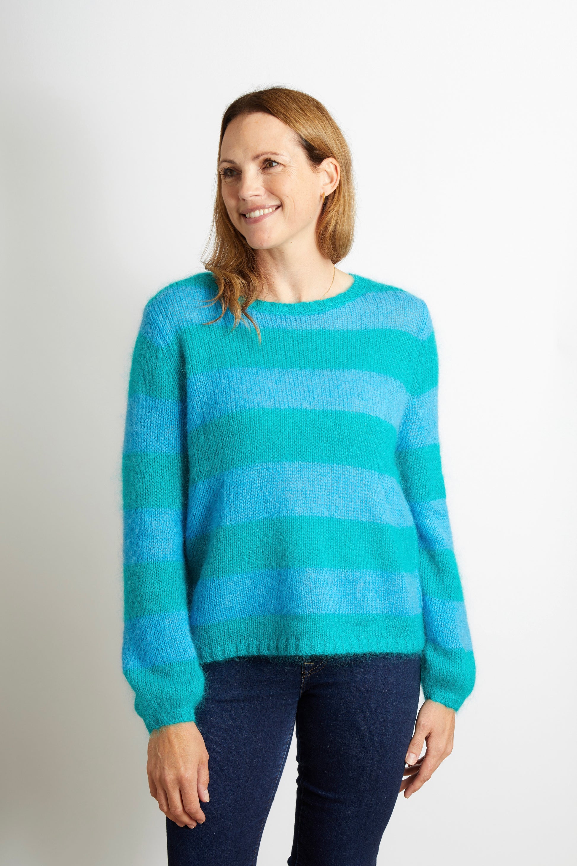 Woman's Chunky Knit Striped Jumper - Teal and Azure Blue