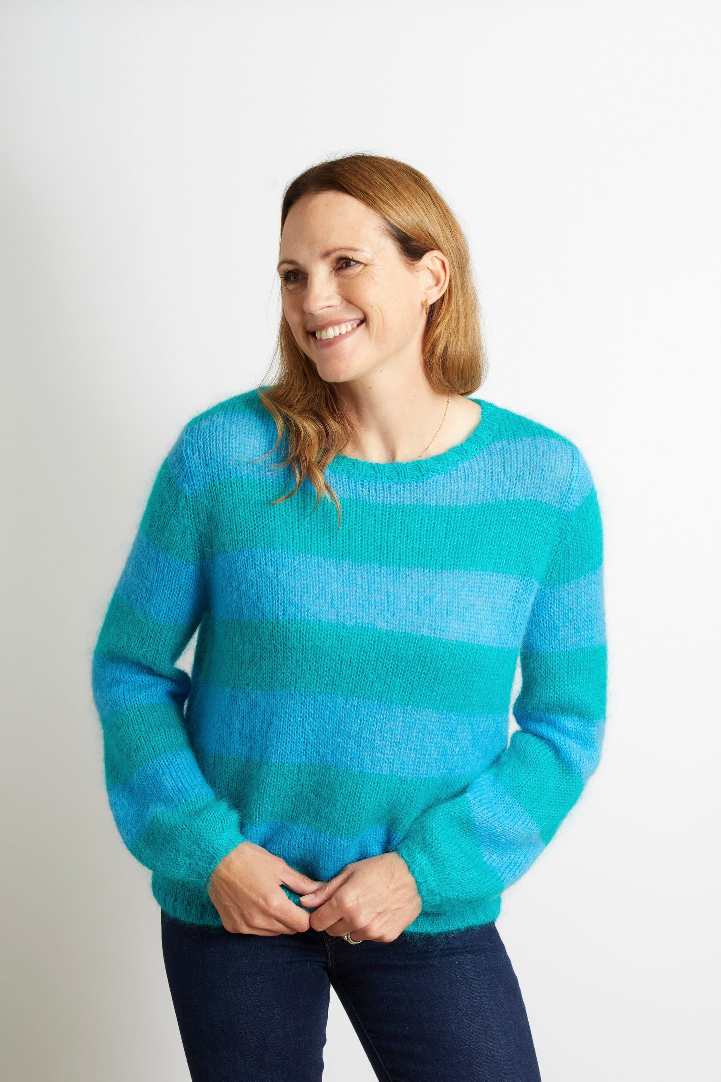 Woman's Chunky Knit Striped Jumper - Teal and Azure Blue