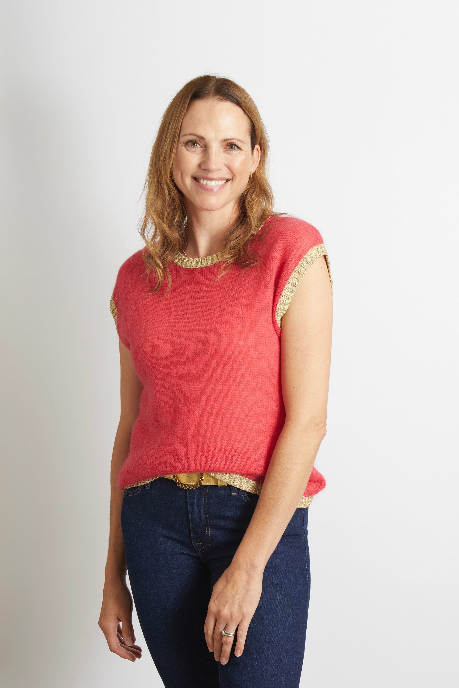 Women’s Knitted Tank with Gold Sparkle Lurex Trim - Cerise Pink