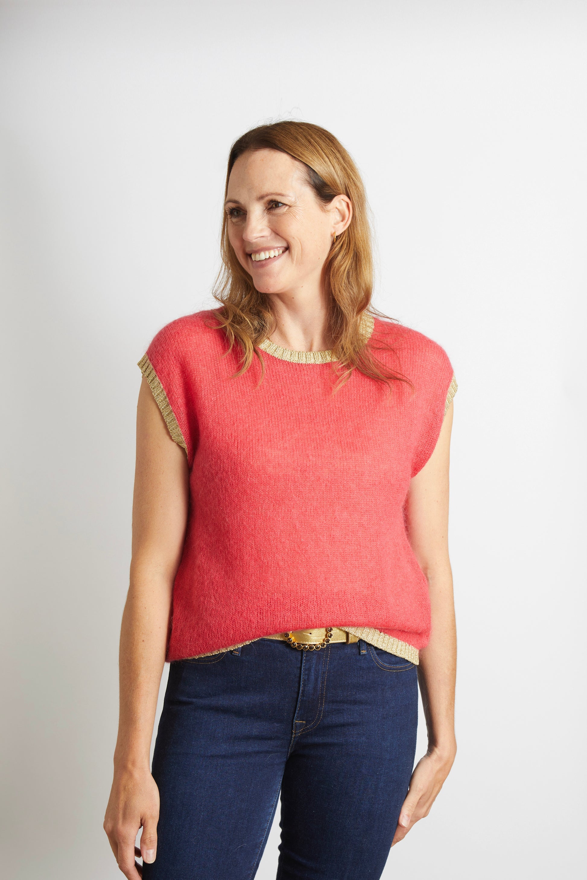 Women’s Knitted Tank with Gold Sparkle Lurex Trim - Cerise Pink
