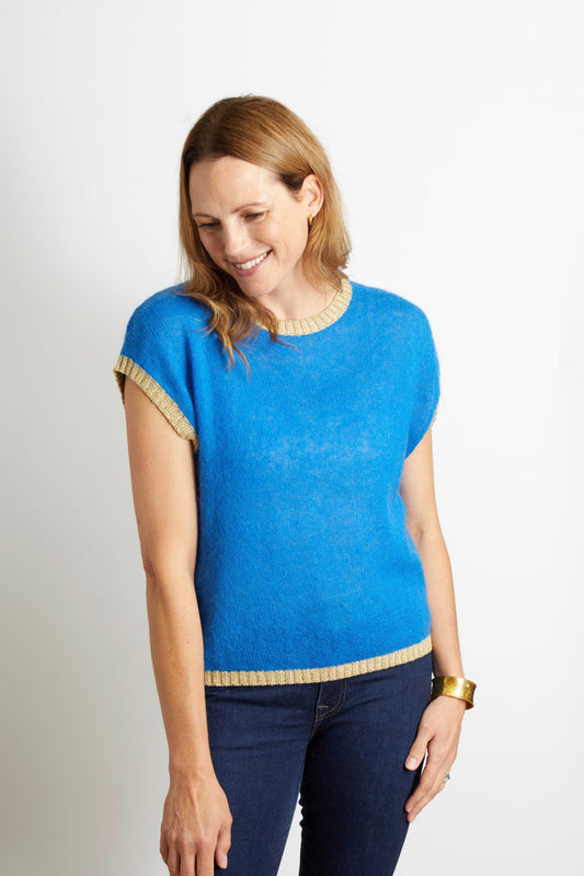 Woman's Colourful Knitted Tank Top in Royal Blue with Gold Lurex Trim