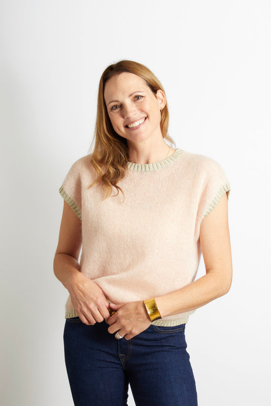 Woman's Colourful Knitted Tank Top in Blush Pink with Champagne Lurex Trim