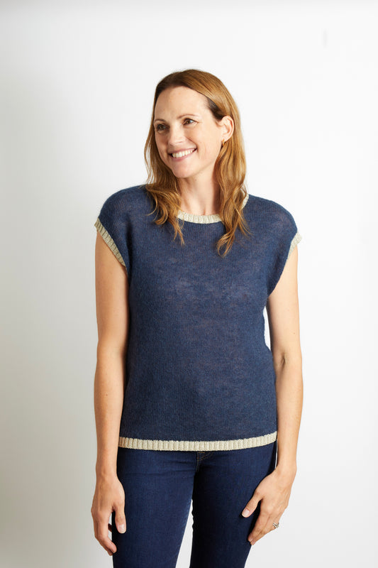 Women’s Knitted Tank with Gold Sparkle Lurex Trim - Navy Blue